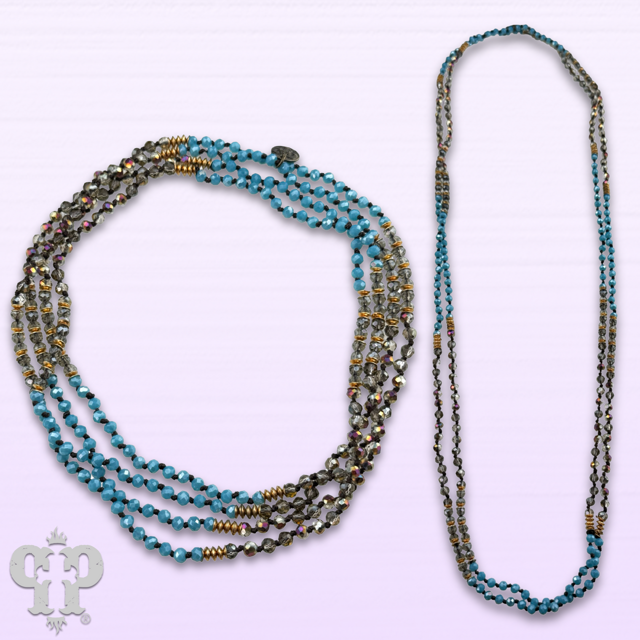 Turquoise blue bead necklace by Pink Panache Brands featuring multiple round beads on a delicate string.