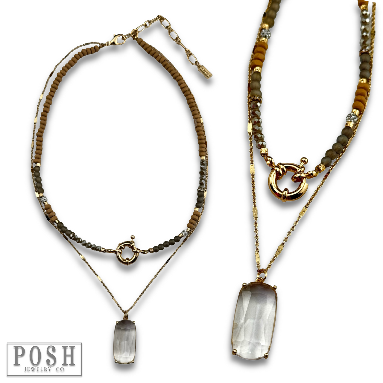 Brown necklace with large glass pendant from Pink Panache Brands, featuring a stylish and eye-catching jewelry design.