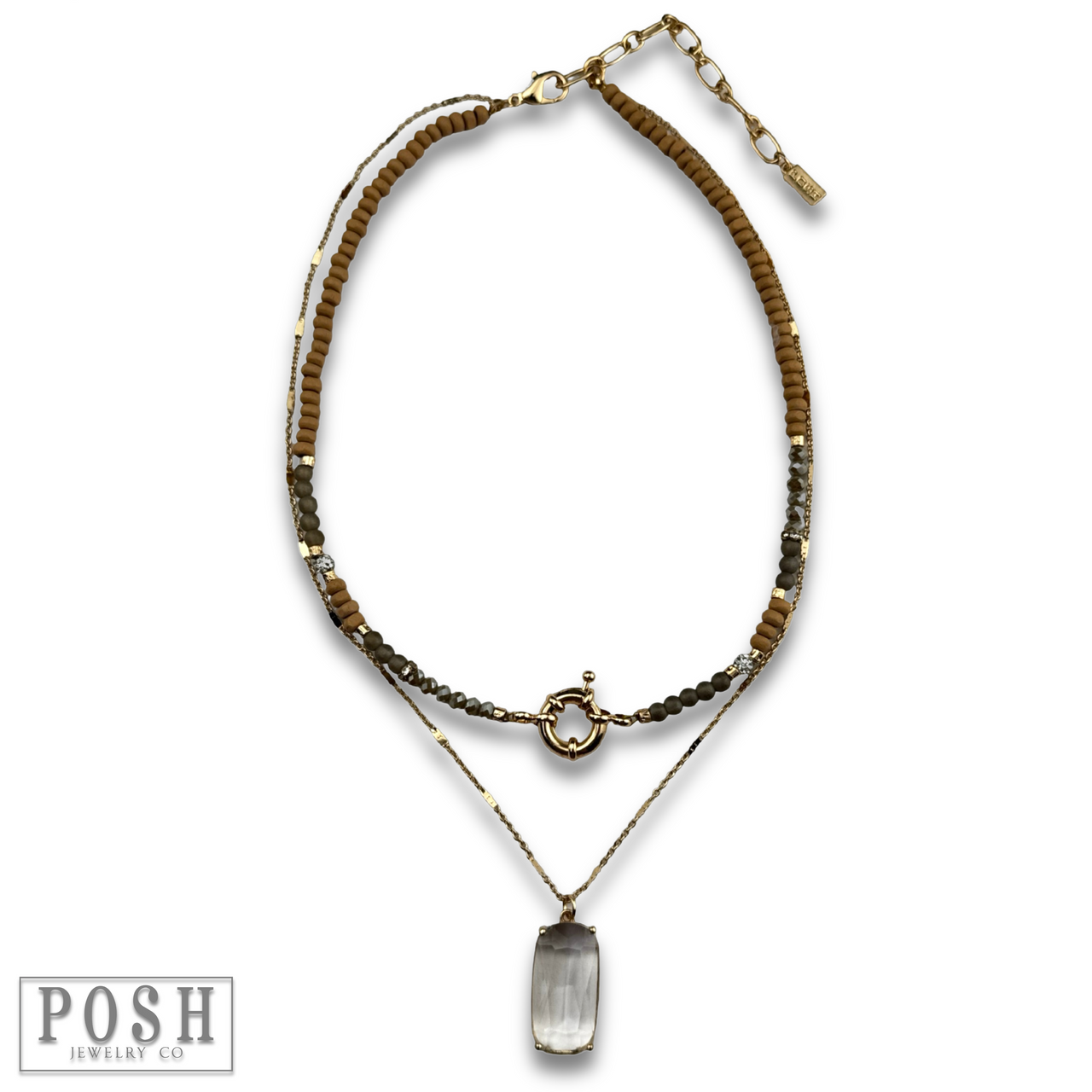 Brown necklace with large glass pendant from Pink Panache Brands, showcasing a stylish and eye-catching jewelry piece.