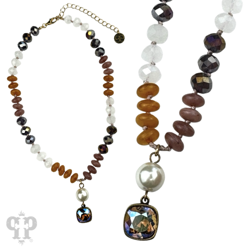 Pink Panache Brands necklace with brown stones and faceted beads featuring sparkling Austrian crystals.