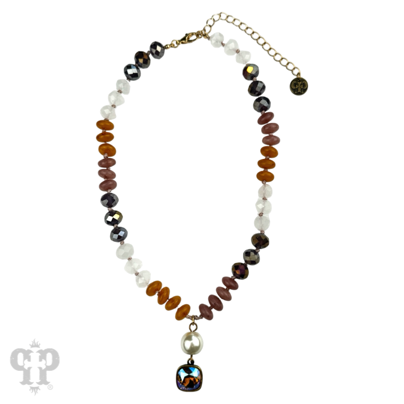 Pink Panache Brands necklace featuring brown stone and faceted beads with sparkling Austrian crystals.