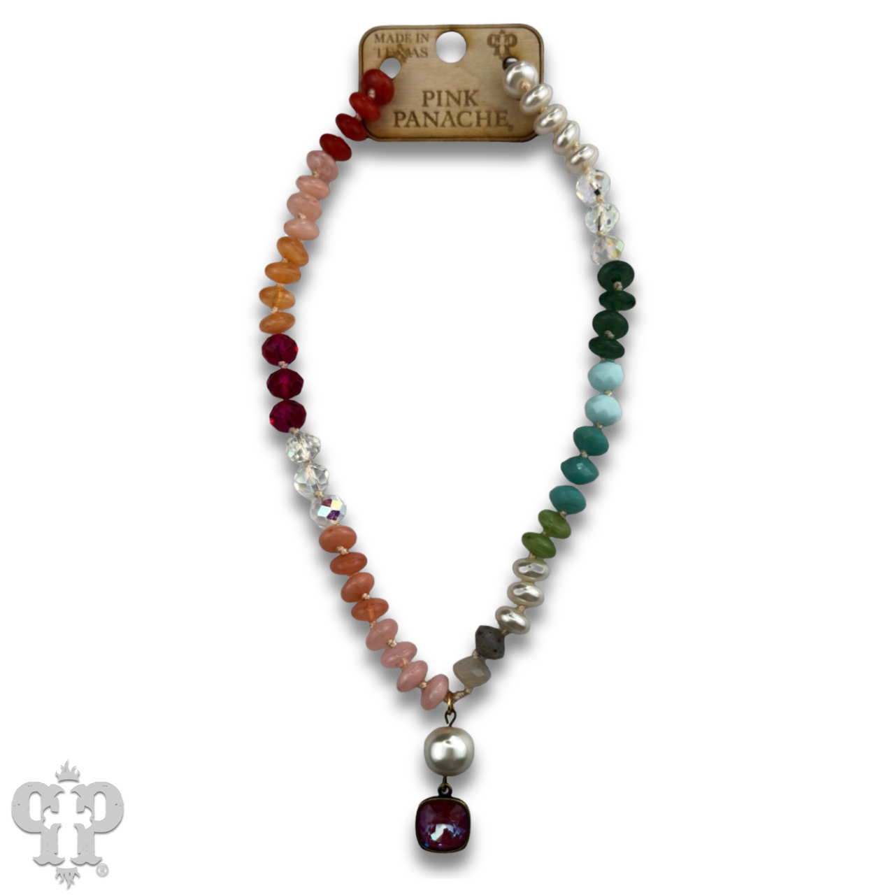 Pink Panache Brands necklace featuring brown stone and faceted beads with sparkling Austrian crystals.