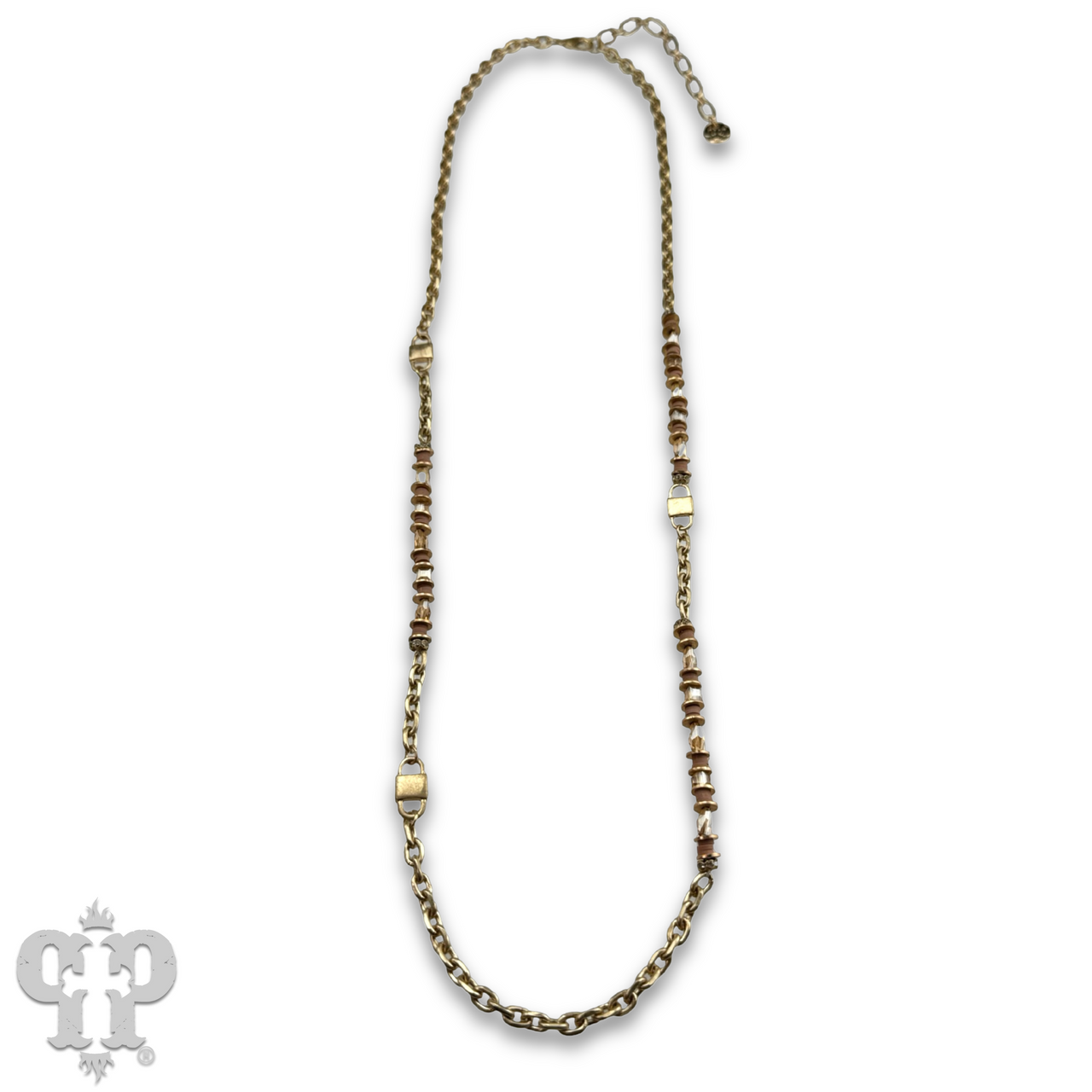 Gold chain and champagne bead necklace from Pink Panache Brands, featuring a delicate gold chain with elegant champagne-colored beads.