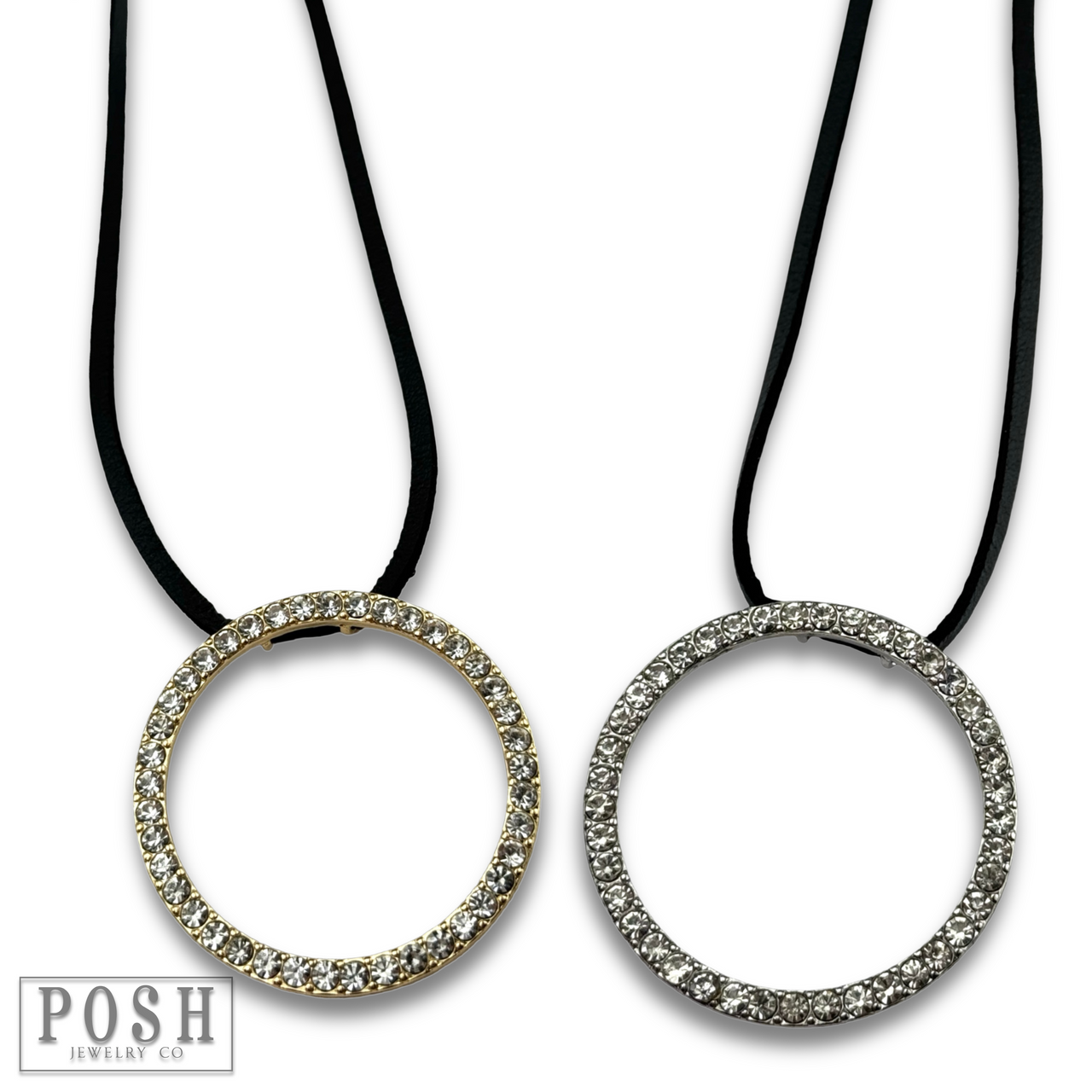 Gold round rhinestone pendant necklace from Pink Panache Brands, showcasing a sparkling circular design on a delicate chain.