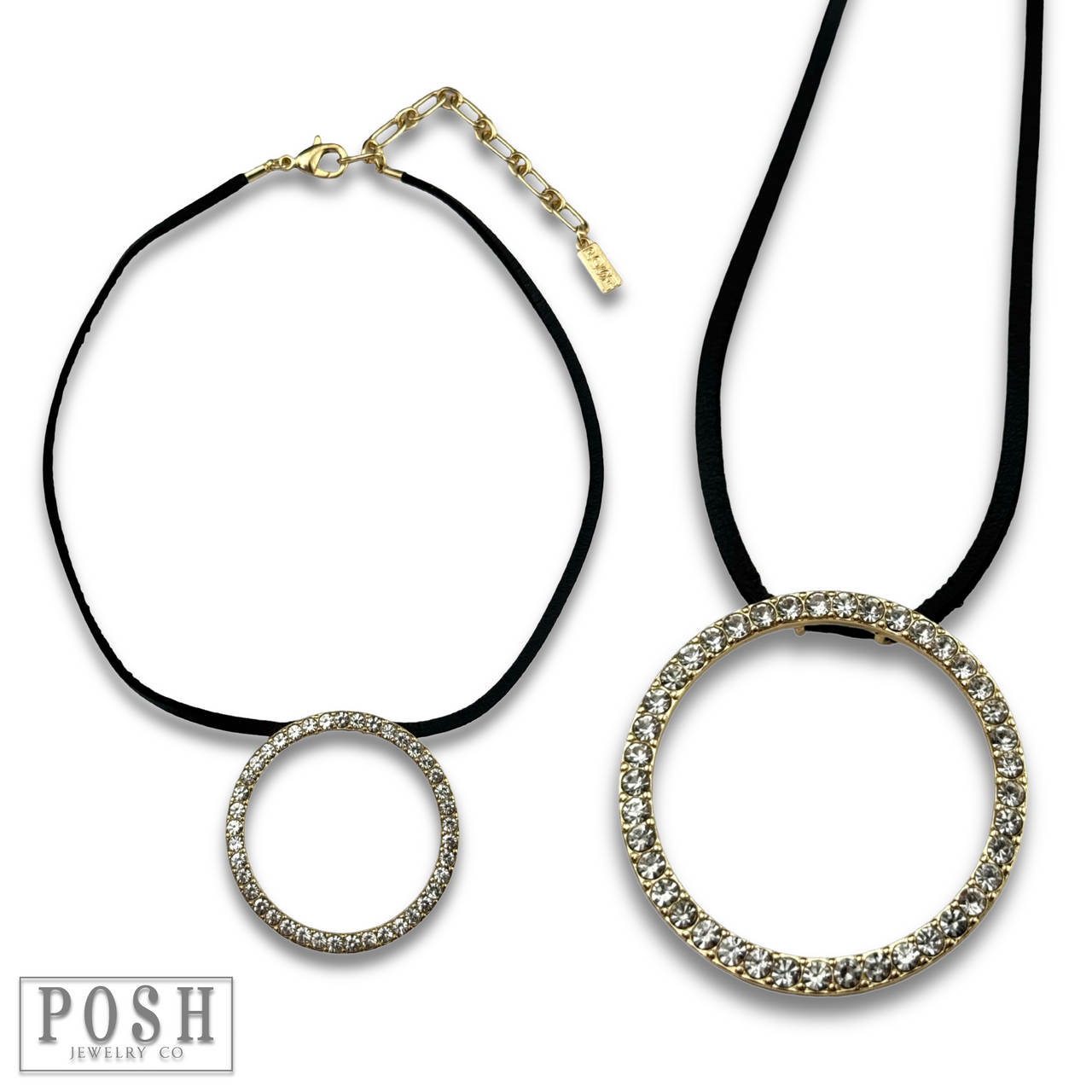Gold round rhinestone pendant necklace from Pink Panache Brands, featuring a sparkling circular design on a delicate chain.