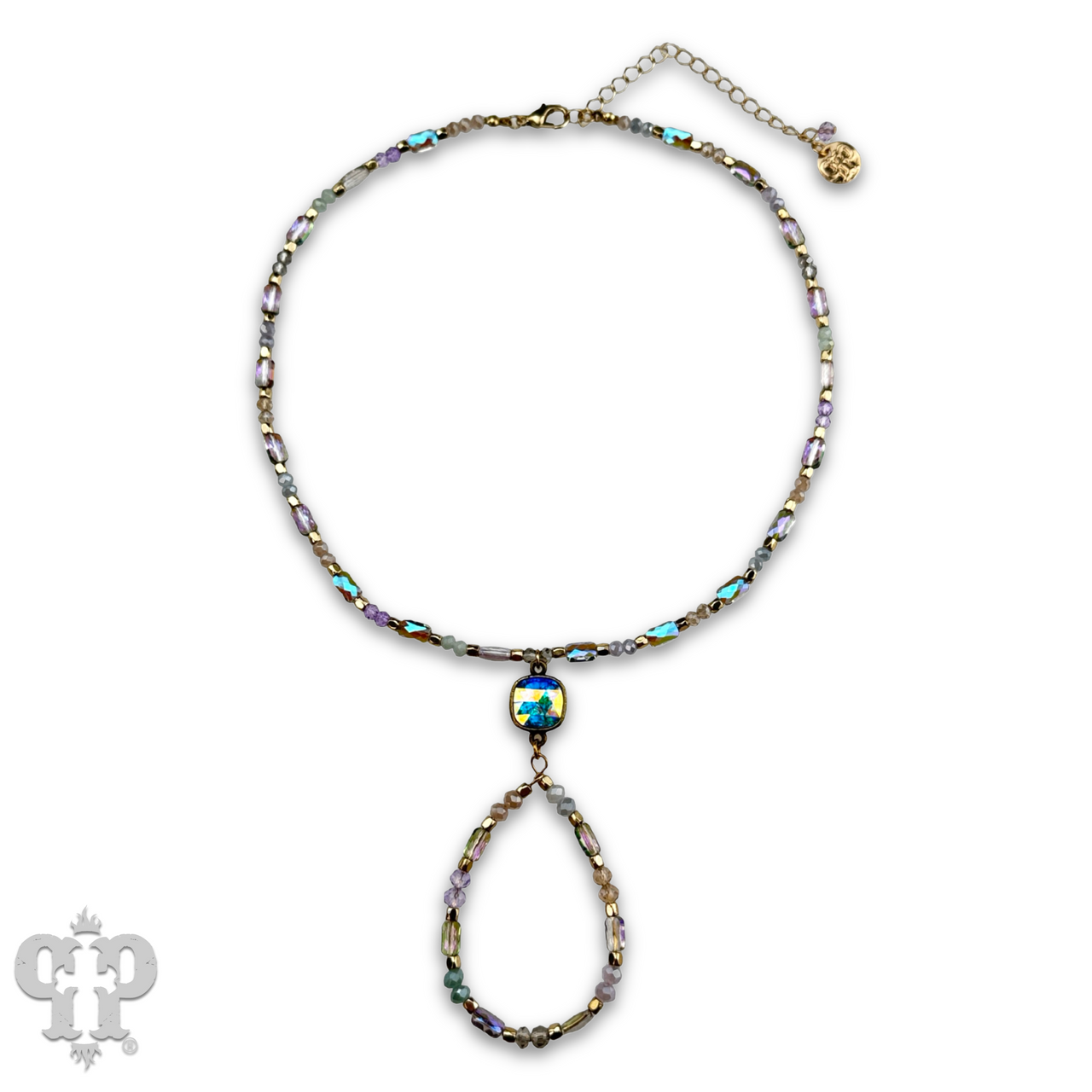 Purple bead and teardrop necklace with Austrian crystals from Pink Panache Brands, showcasing elegant jewelry design.