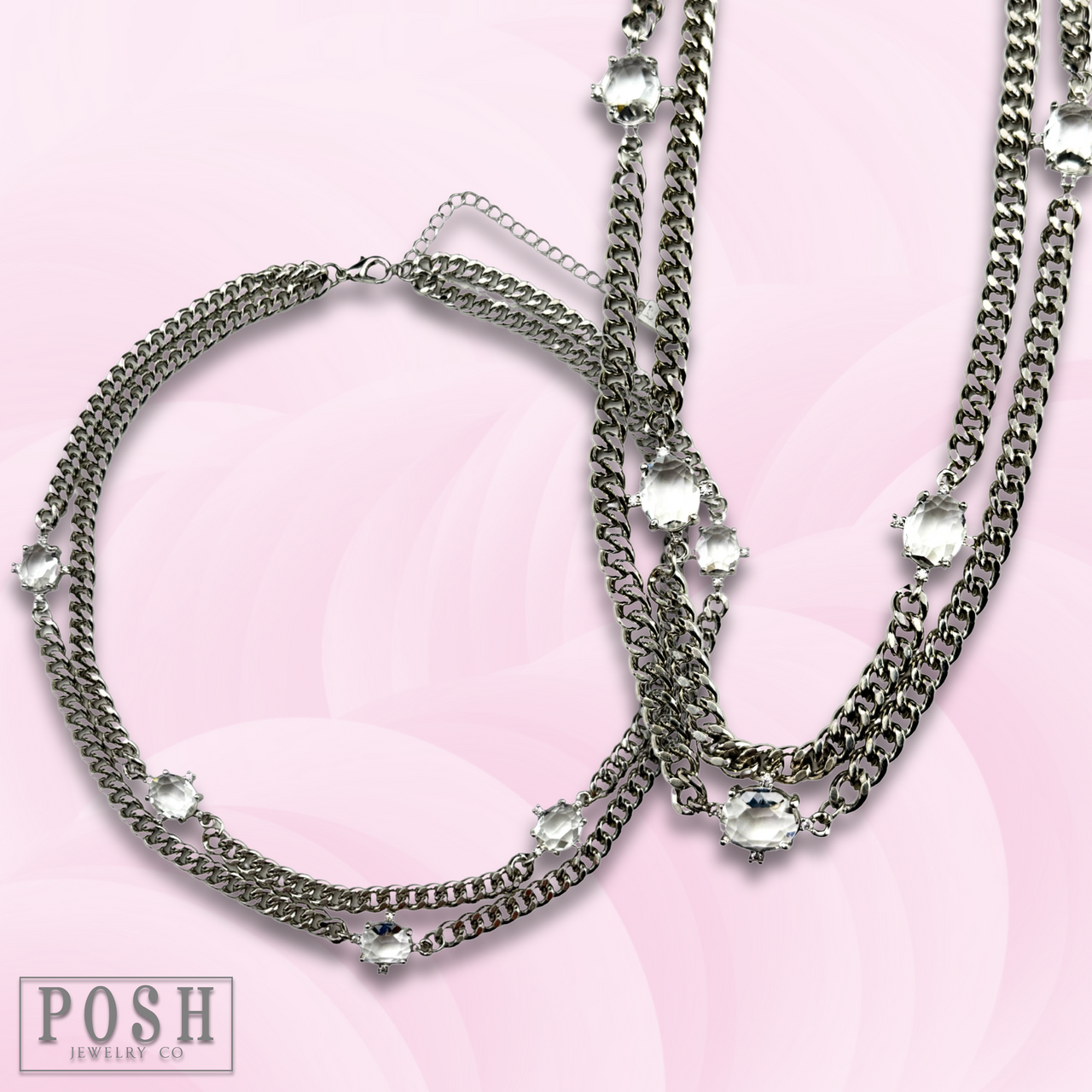 Silver double strand curb chain necklace by Pink Panache Brands showing the layered, textured chain design.
