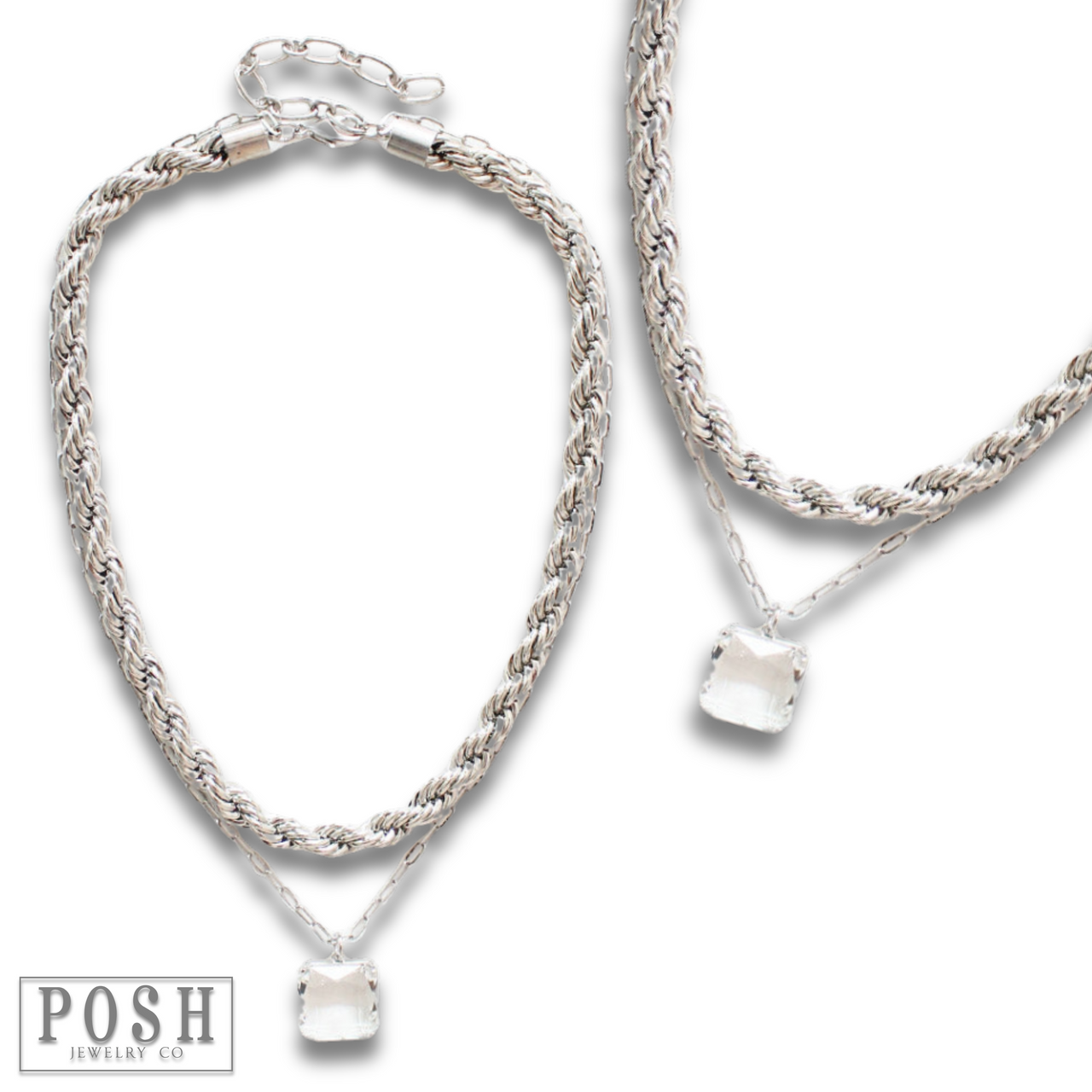 Silver tone double chain necklace from Pink Panache Brands featuring layered, stylish jewelry design.