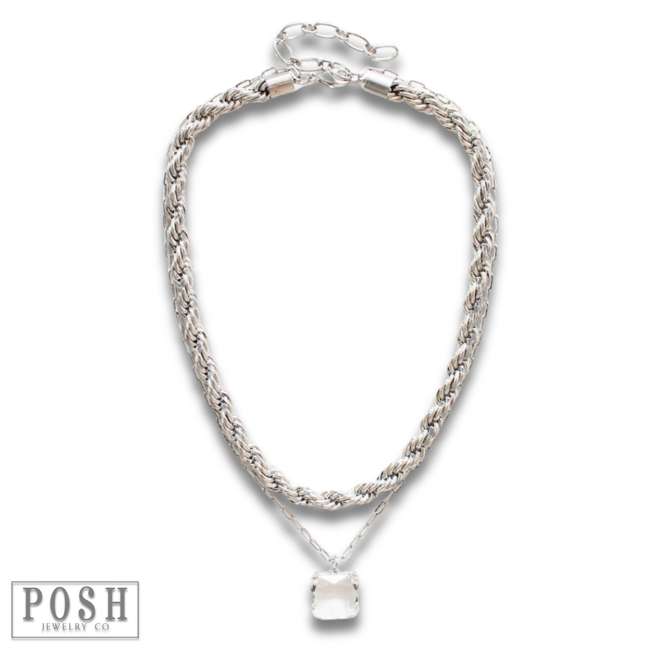 Silver tone double chain necklace from Pink Panache Brands featuring layered chains and sleek metallic finish.