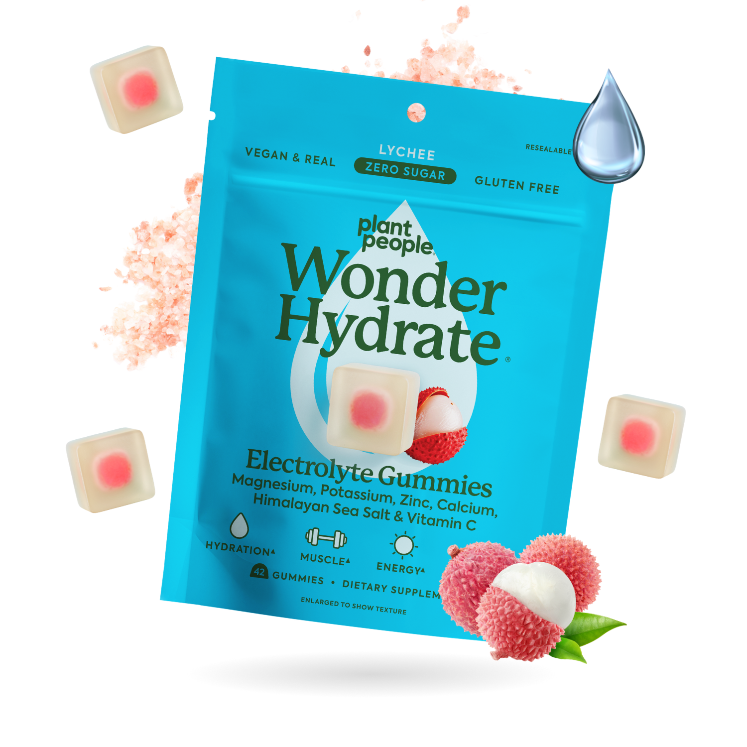 Plant People WonderHydrate Electrolyte Gummies in a clear container, showing colorful gummies for hydration and vitamins.