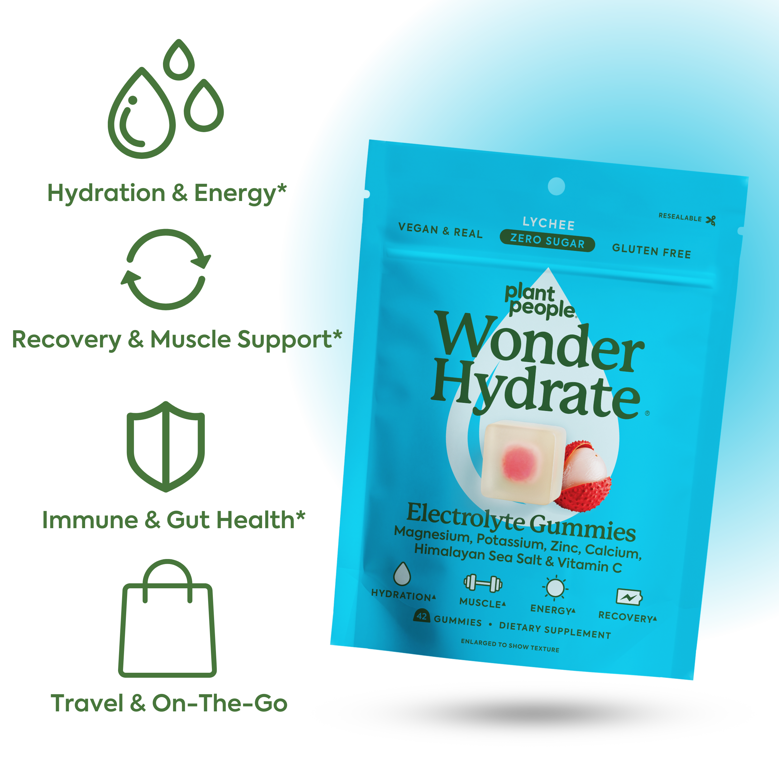 Plant People WonderHydrate Electrolyte Gummies in a clear container, showing colorful gummies for hydration and replenishment.