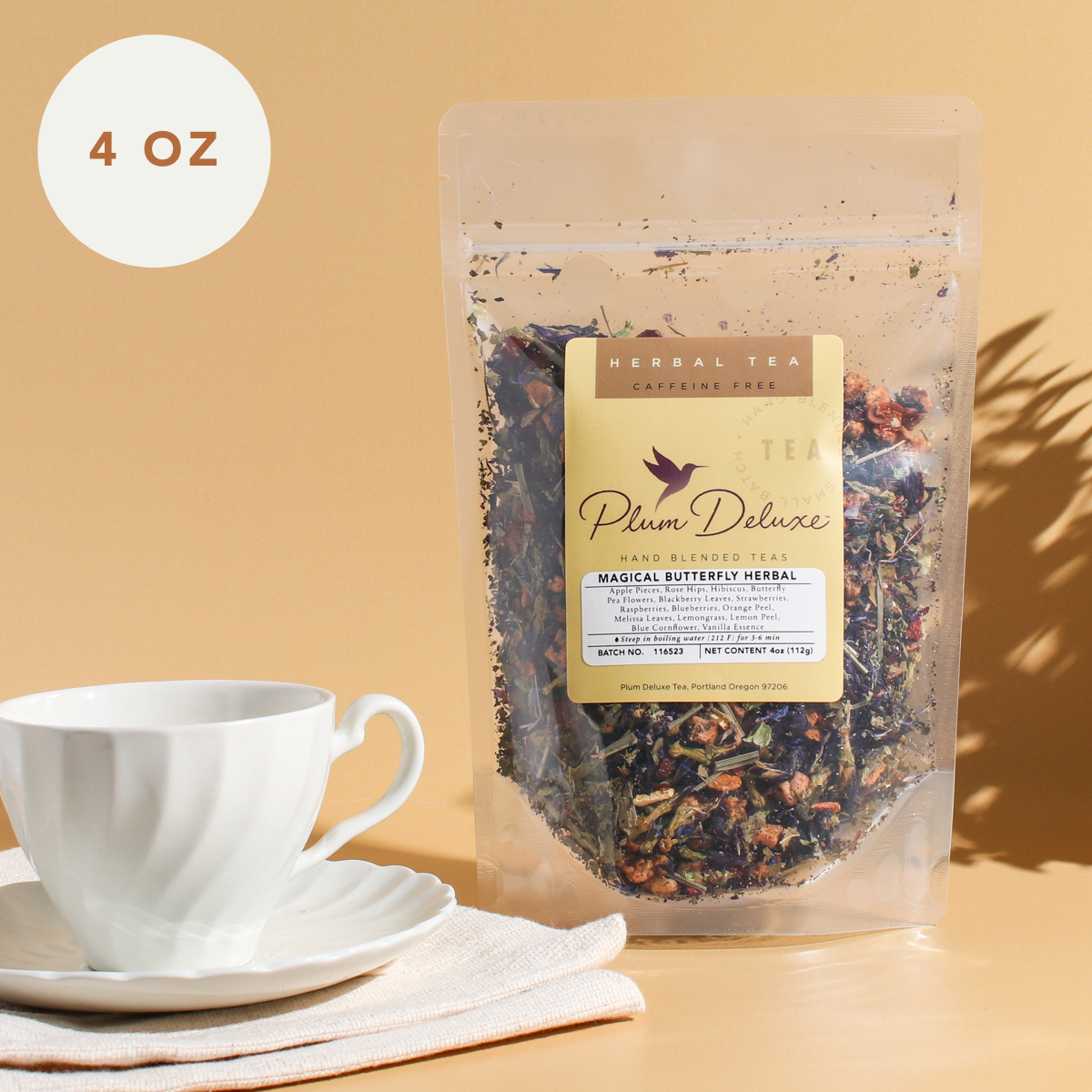 Magical Butterfly Herbal Tea by Plum Deluxe featuring butterfly pea flower and berries in an 8 oz package.