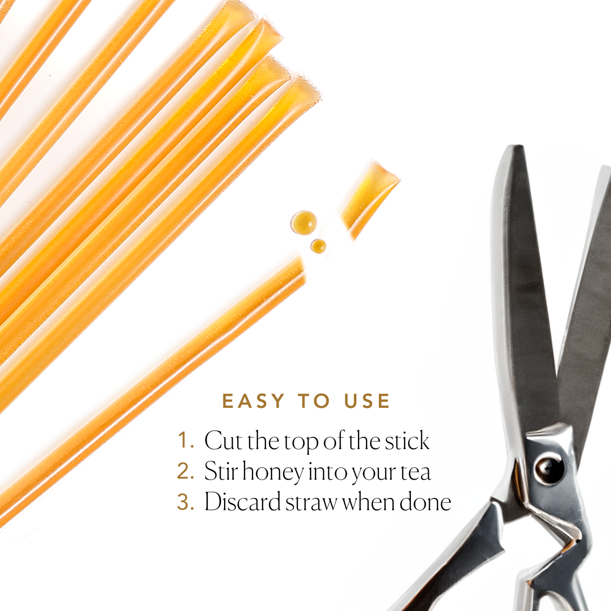 Amber carrot blossom honey sticks for tea by Plum Deluxe Tea, showcasing natural honey sticks in a clear wrapper.