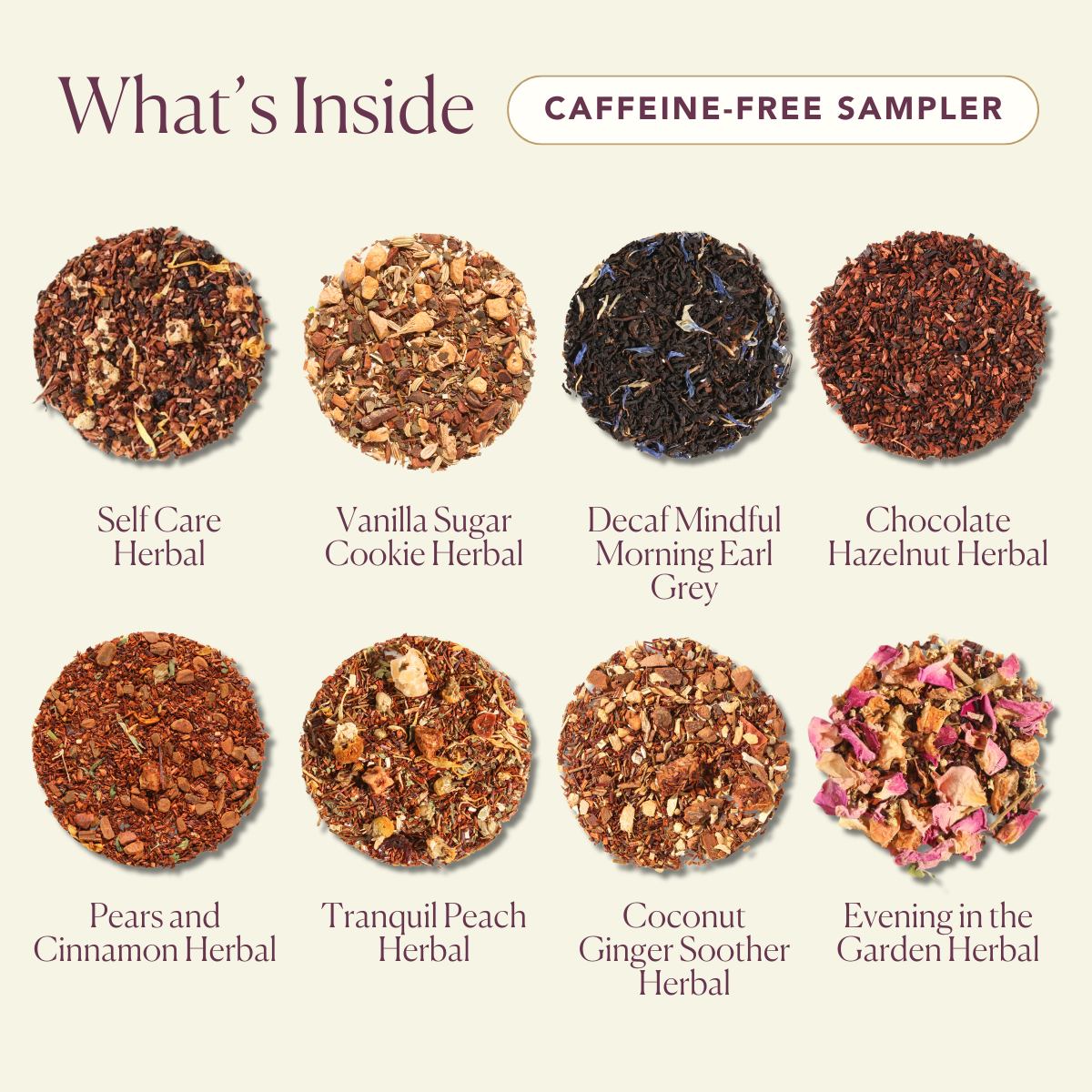 Assorted Plum Deluxe Tea Best Sellers Sampler Set featuring various caffeinated tea flavors in colorful packaging.
