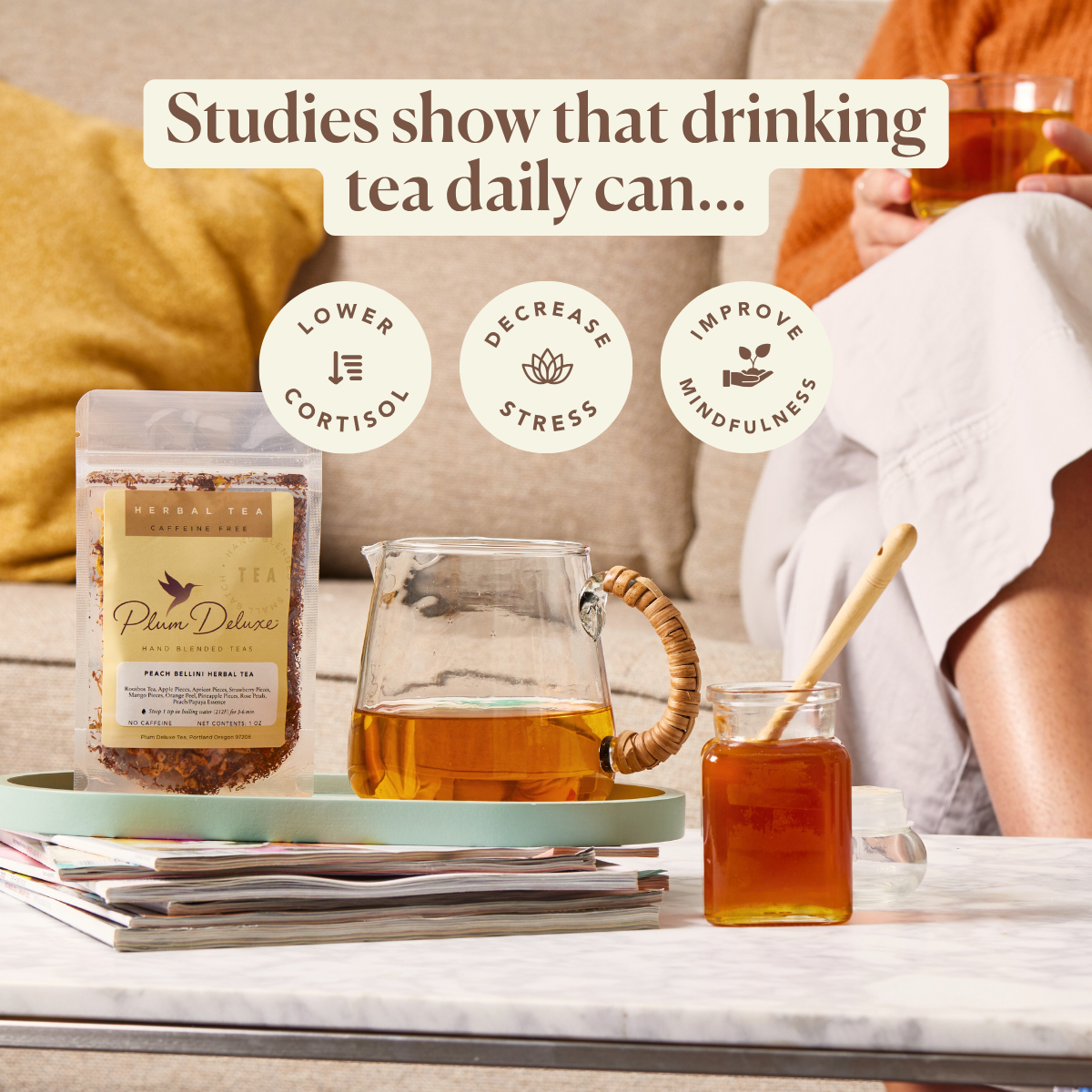 Assorted best-selling caffeinated tea sampler set from Plum Deluxe Tea featuring various tea blends in colorful packaging.