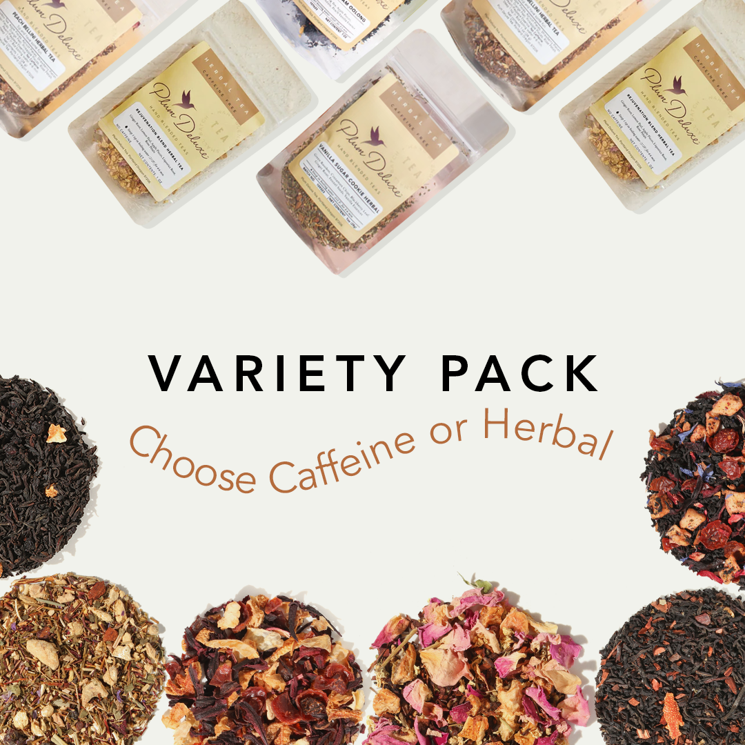 Assorted Plum Deluxe Tea sampler pack featuring six varieties of flavored loose leaf and caffeinated tea.