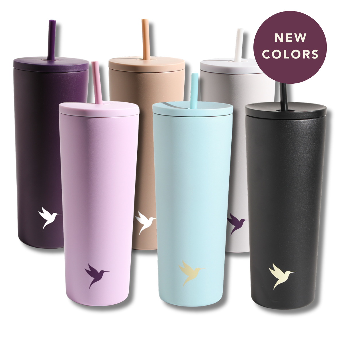 Dark purple Plum Deluxe Tea hot and cold tumbler with lid, suitable for hot or iced tea, featuring a sleek, portable design.
