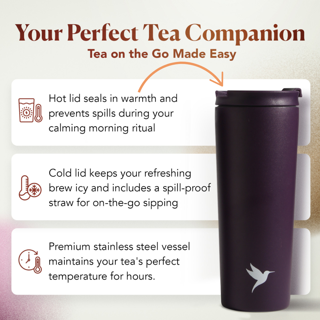 Dark purple Plum Deluxe Tea hot and cold tumbler with lid, designed for hot and iced tea on the go.