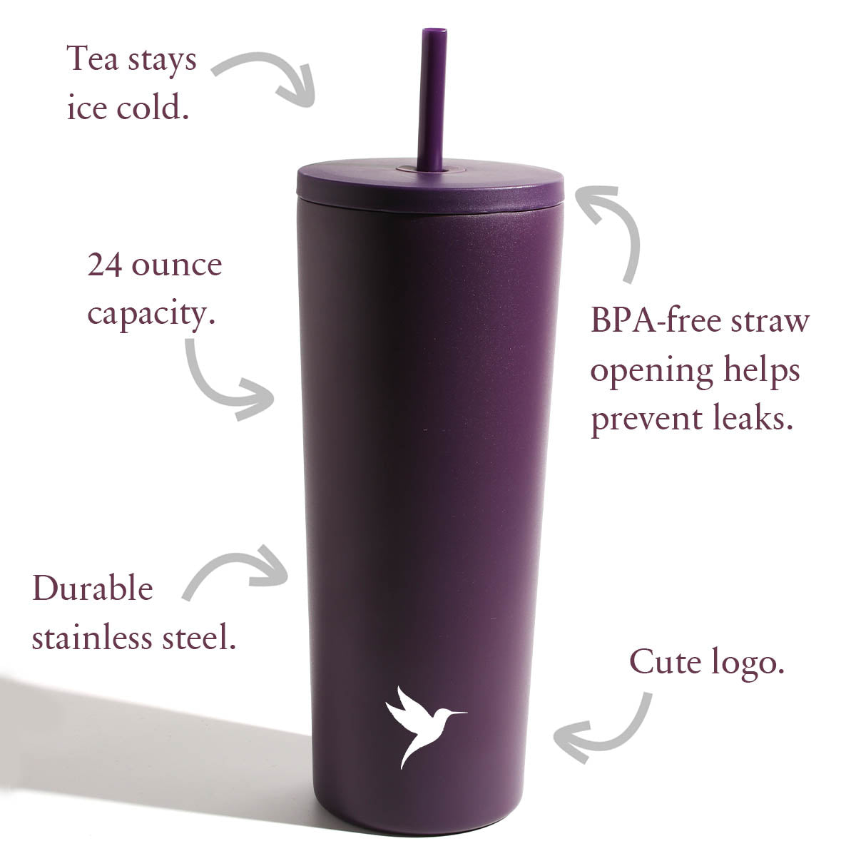 Dark purple Plum Deluxe Tea hot and cold tumbler with lid, designed for hot and iced tea on the go.