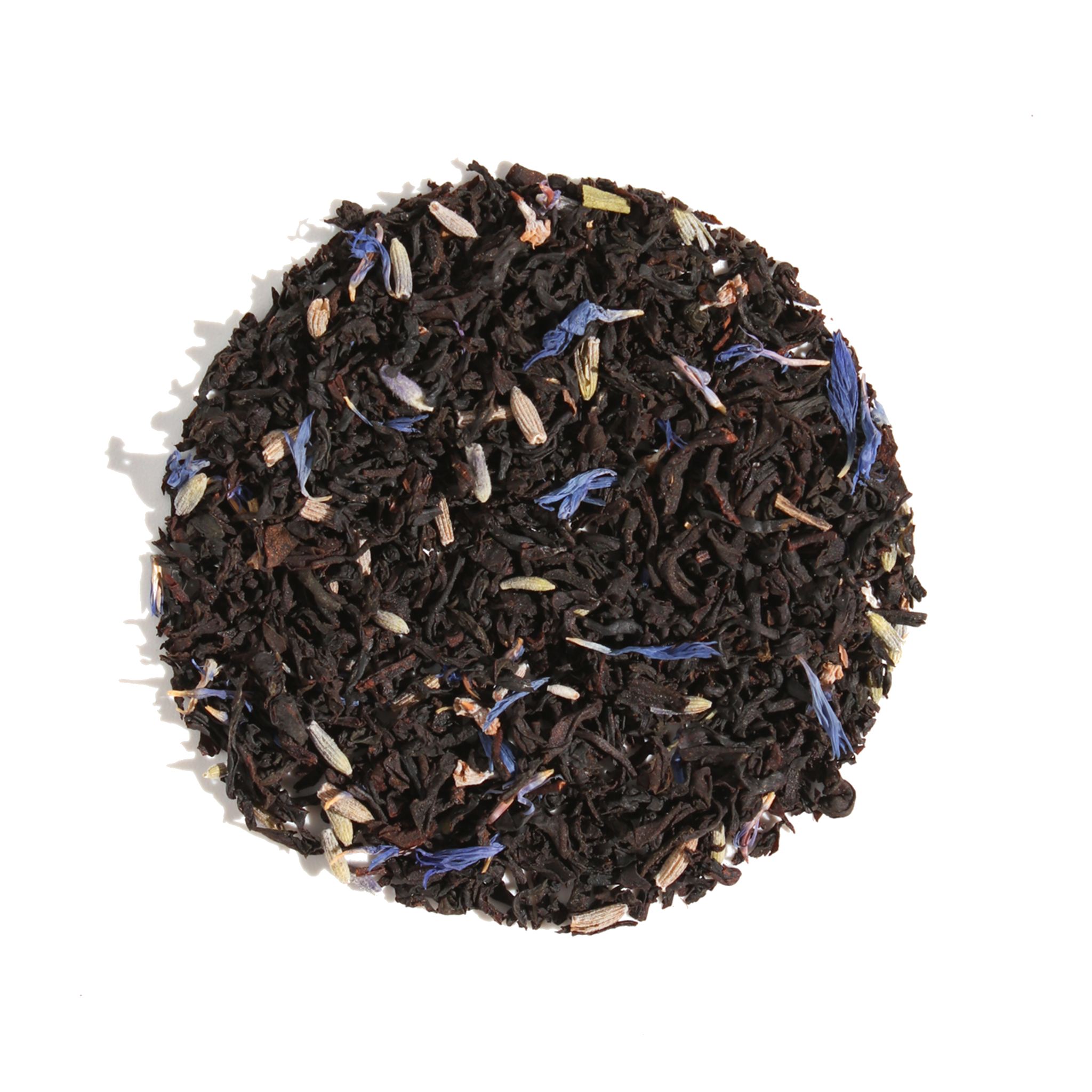 Cup of Plum Deluxe Tea's Delightful Morning Blend Earl Grey Lavender with tea leaves and lavender flowers on a wooden table.