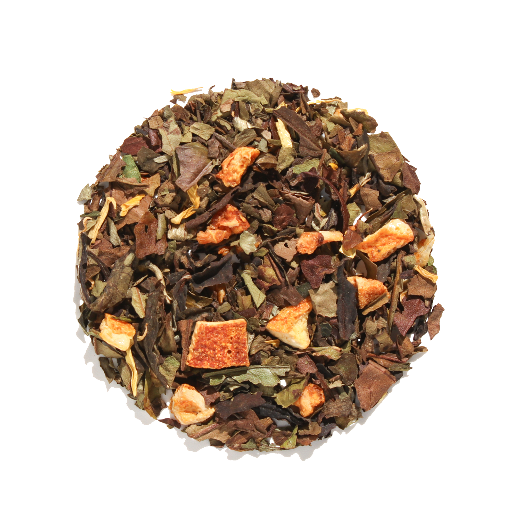 Plum Deluxe Tea Afternoon High Tea White Tea with peach and pear flavor, displayed in a clear glass cup with tea leaves.