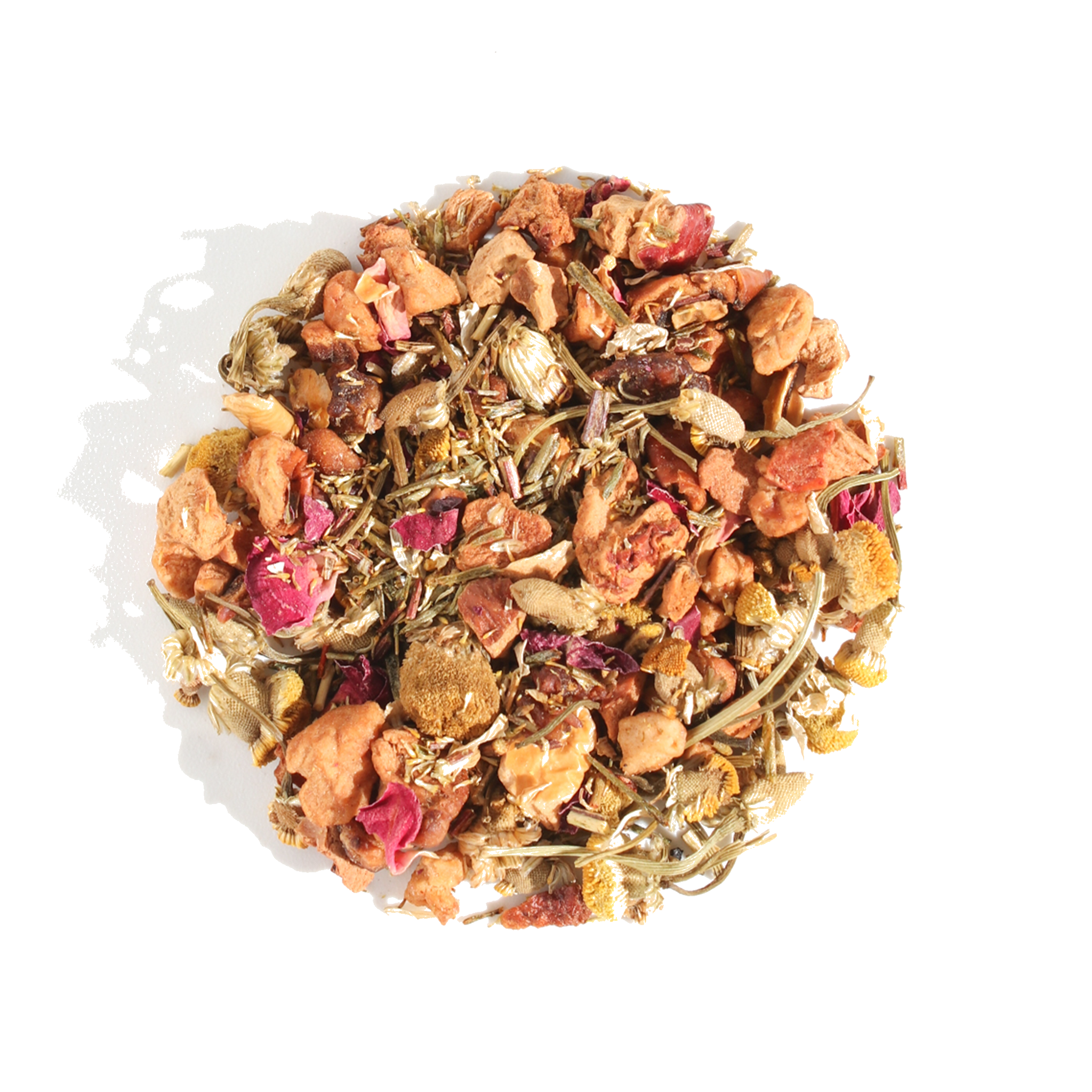 Asgard Blend herbal tea from Plum Deluxe featuring apple and chamomile in a tea bag on a rustic wooden surface.