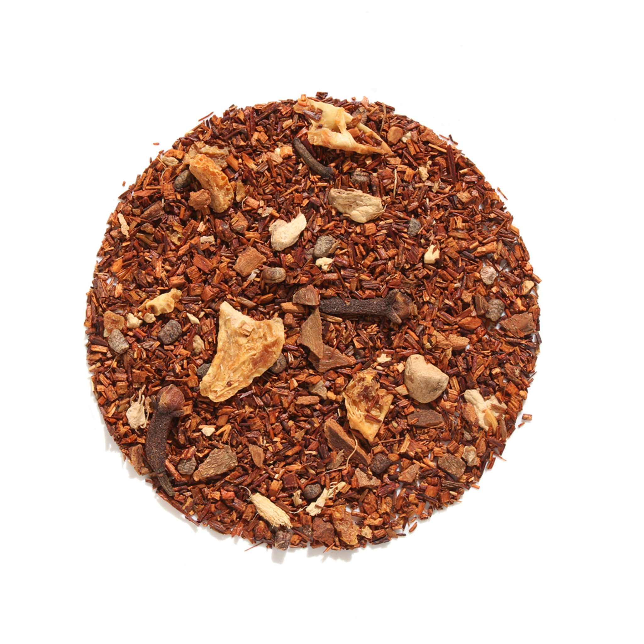 Cup of Autumn Almond Chai Herbal tea from Plum Deluxe Tea, featuring a warm, spiced herbal tea with almond flavor in a clear glass mug.