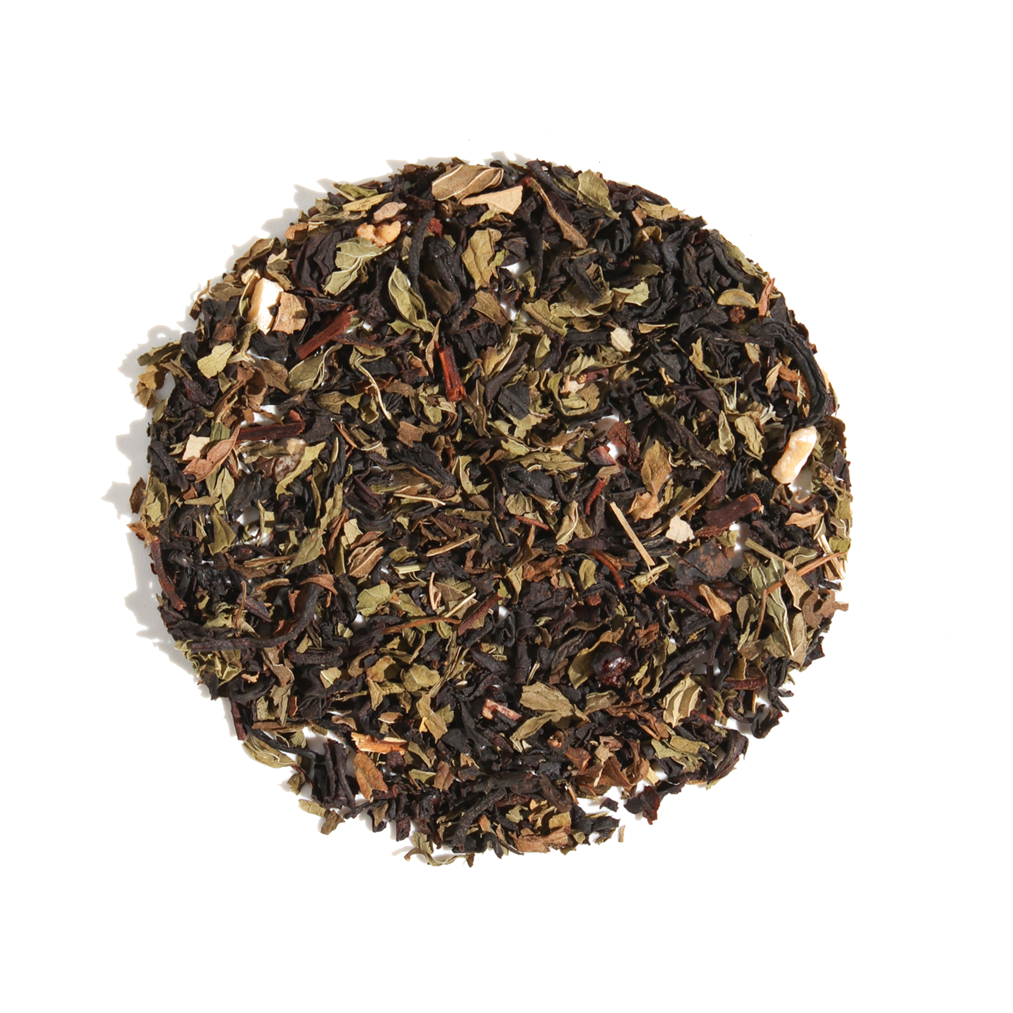 Blackberry Mojito Black Tea by Plum Deluxe featuring lime, maple, and spearmint in a clear glass teacup.
