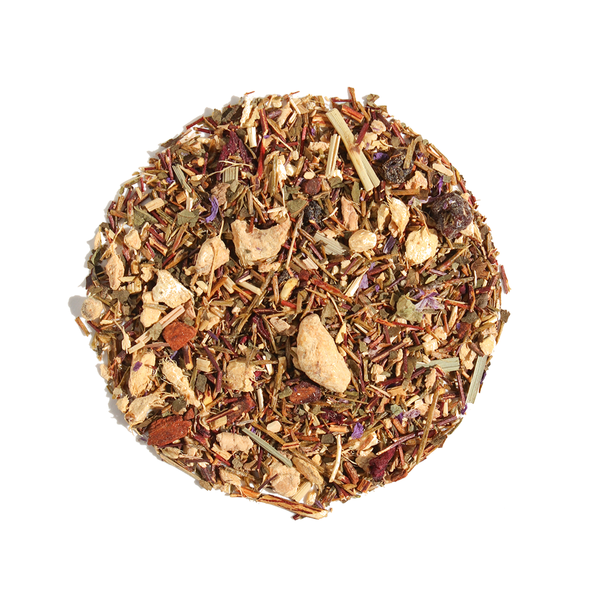 Blueberry Ginger Herbal Tea by Plum Deluxe, featuring a steaming cup with blueberries, ginger slices, and herbal tea leaves.