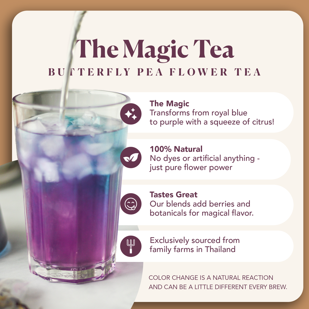 Dried butterfly pea flowers from Plum Deluxe Tea, vibrant blue-purple petals used for herbal teas and infusions.