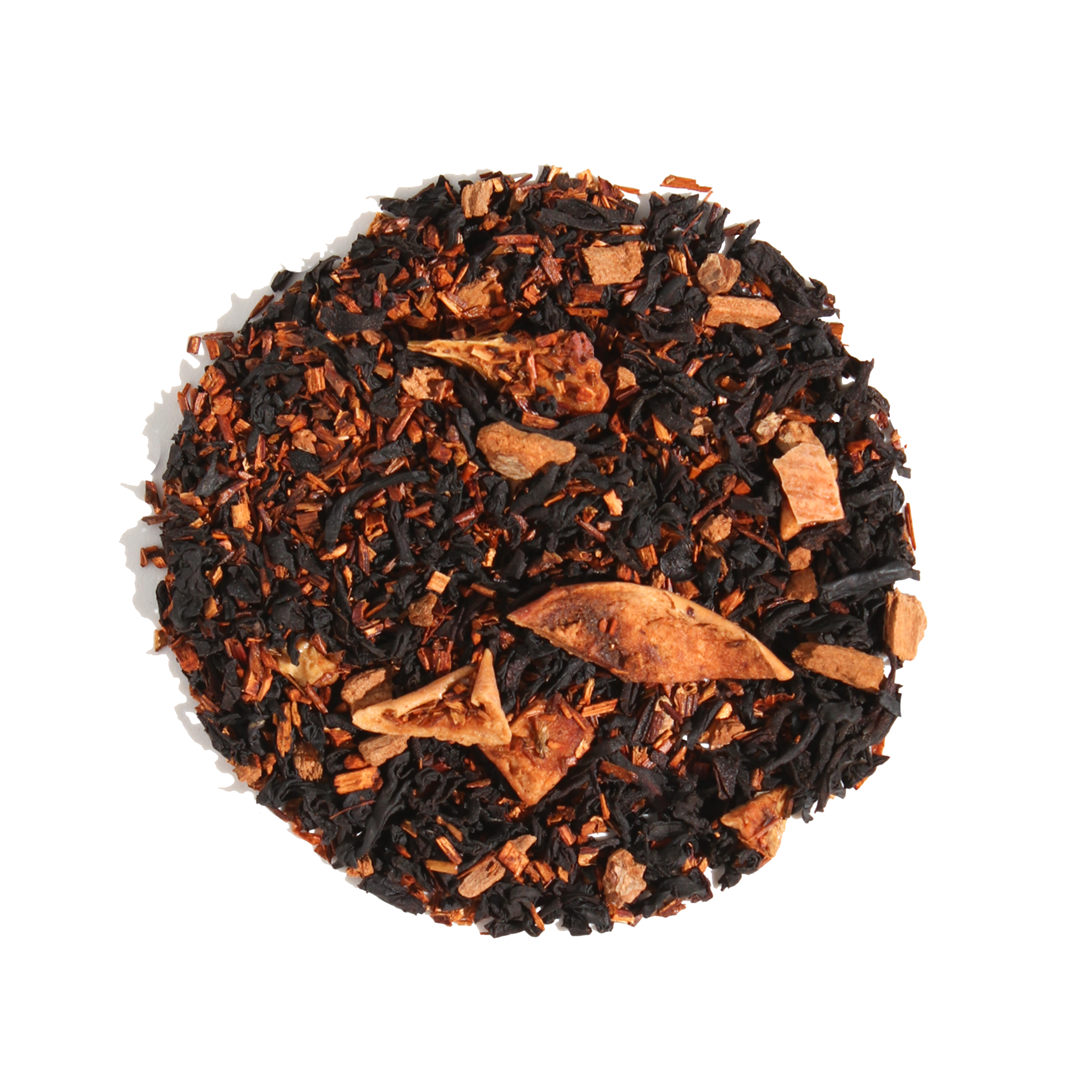 Brewed cup of Caramel Almond Black Tea by Plum Deluxe Tea with tea leaves, caramel pieces, and almonds in a clear glass mug.