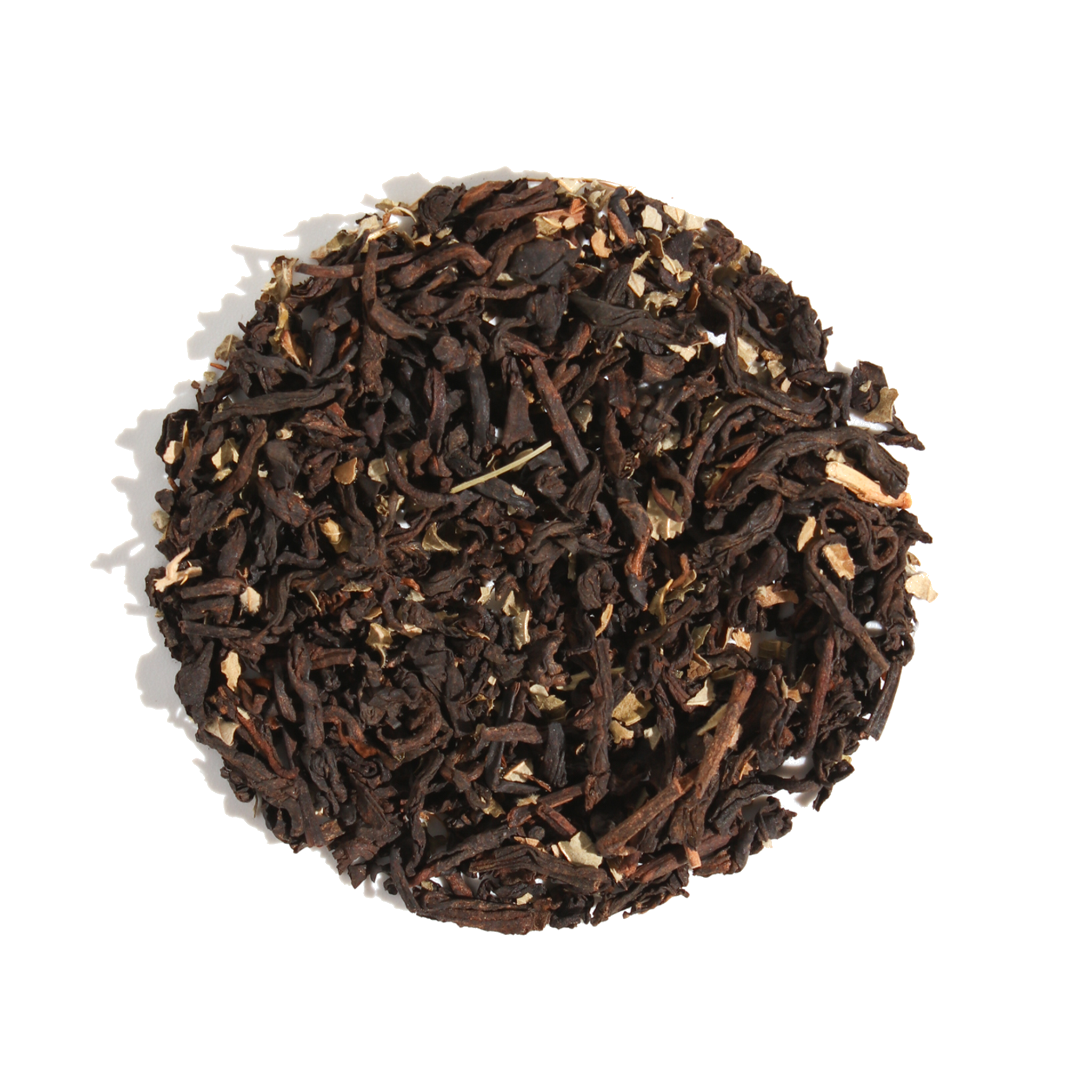 Jar of Caramel Brittle Puerh tea from Plum Deluxe Tea with caramel-colored tea leaves and a clear glass container.