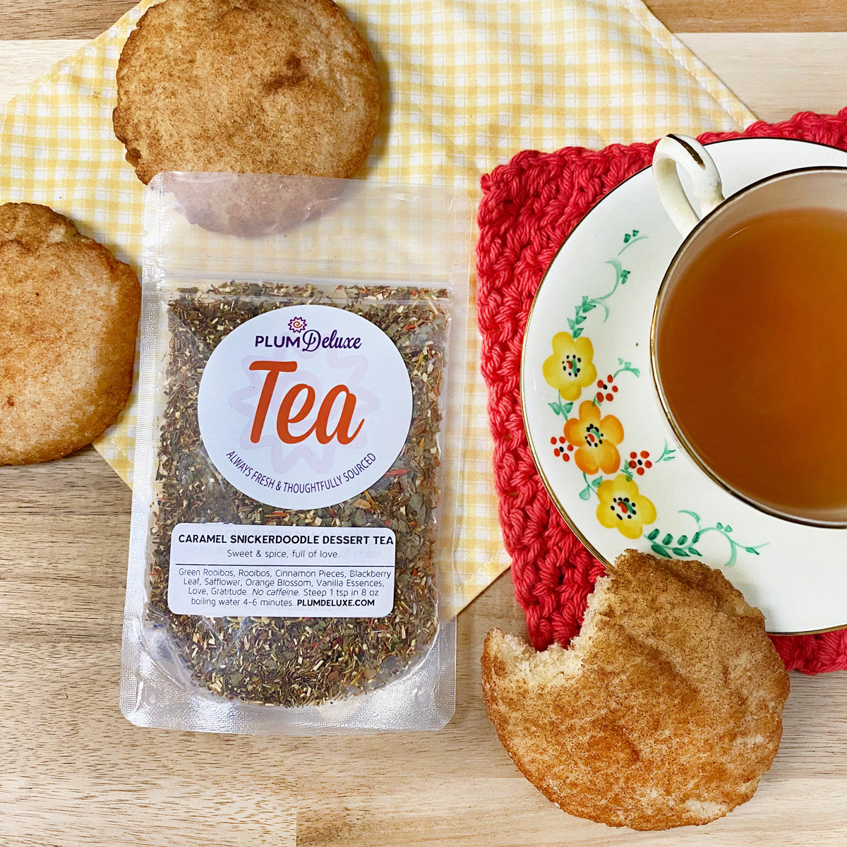 Herbal dessert tea by Plum Deluxe featuring caramel and snickerdoodle flavors in a warm, inviting cup.