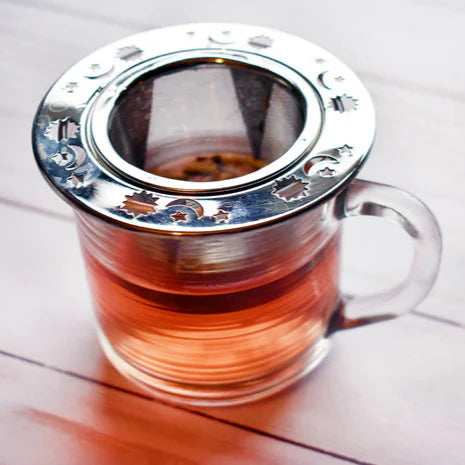 Celestial Mesh Nest Tea Infuser by Plum Deluxe Tea, stainless steel mesh infuser with celestial design for brewing loose leaf tea.