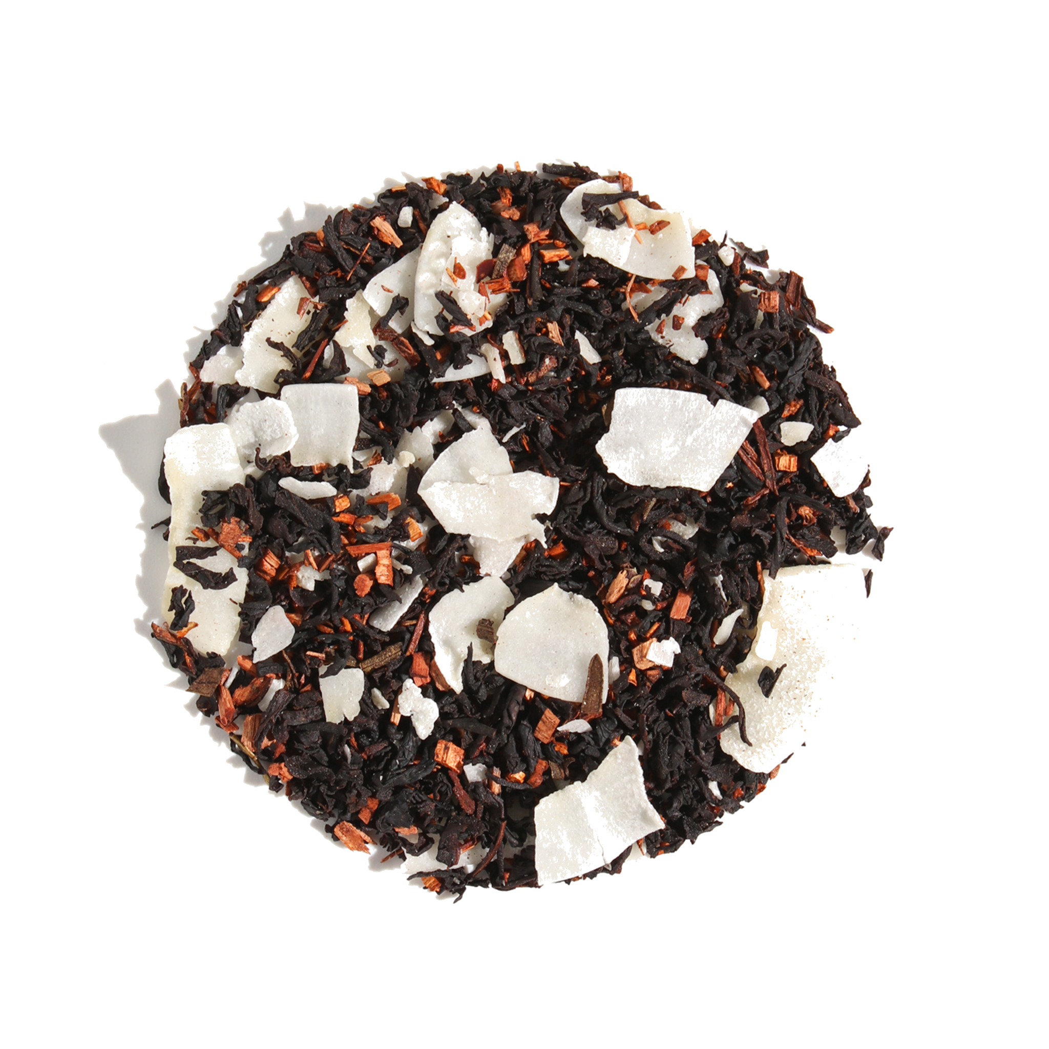 Coconut Macaron Dessert Tea by Plum Deluxe Tea in a clear glass cup, showcasing the creamy coconut and sweet macaron flavor.