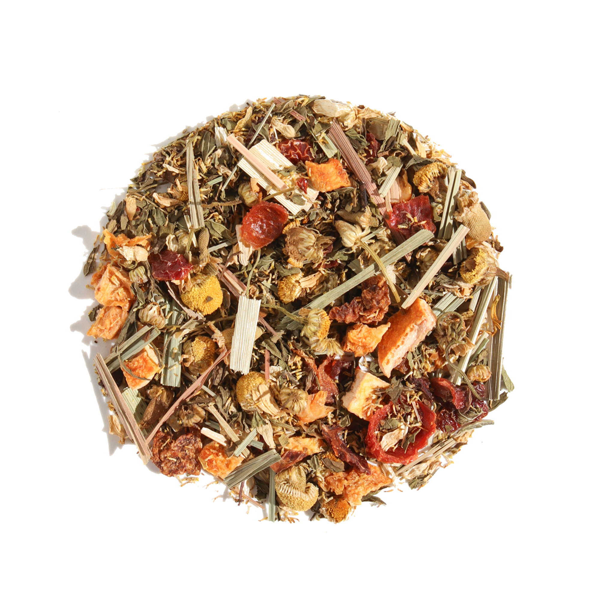 Herbal tea blend in a jar featuring rosehip and spearmint from Plum Deluxe Tea, perfect for a calming, cozy tea experience.