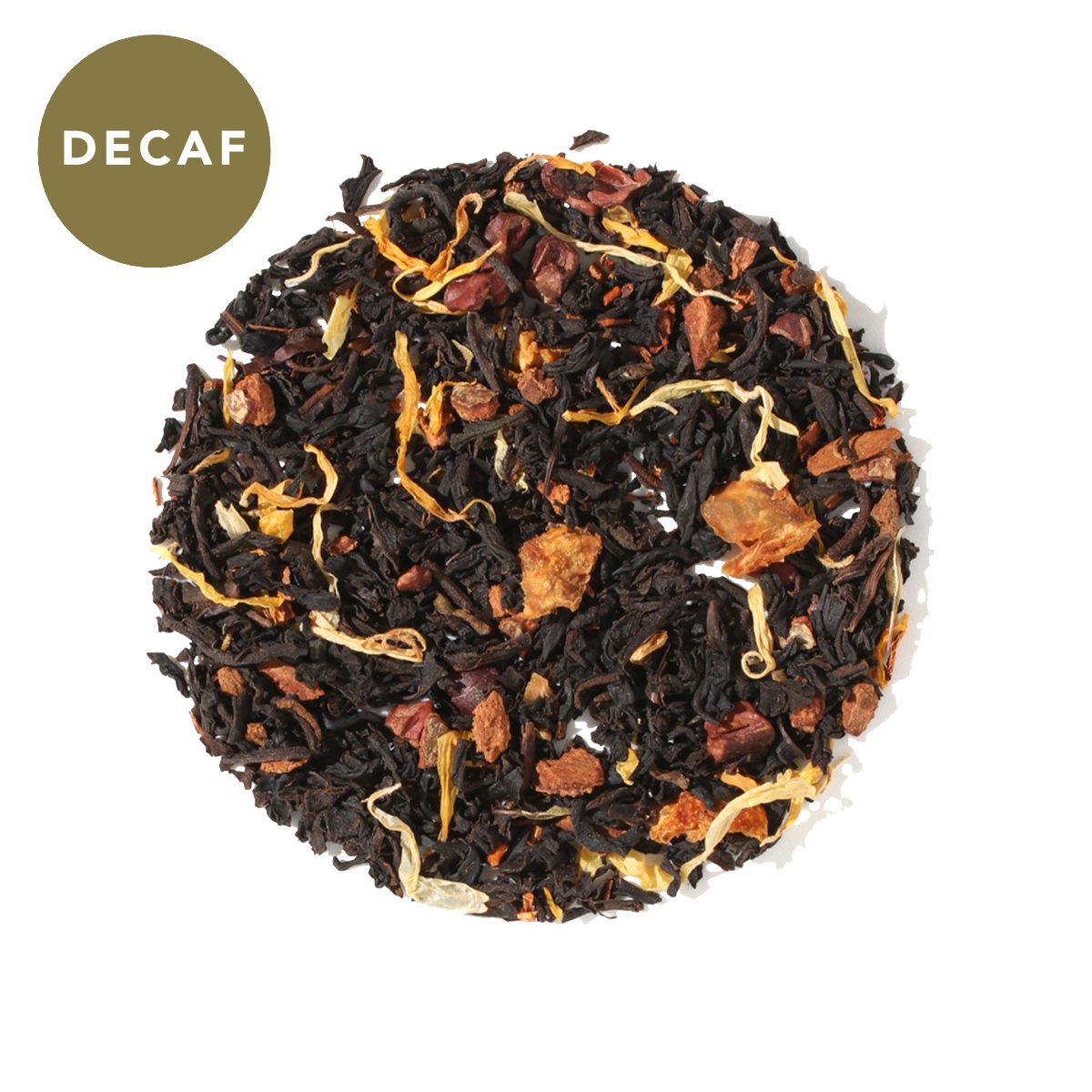 Decaf No Obligations Black Tea by Plum Deluxe with hazelnut, almond, and cinnamon flavors in a tea bag or loose leaf.
