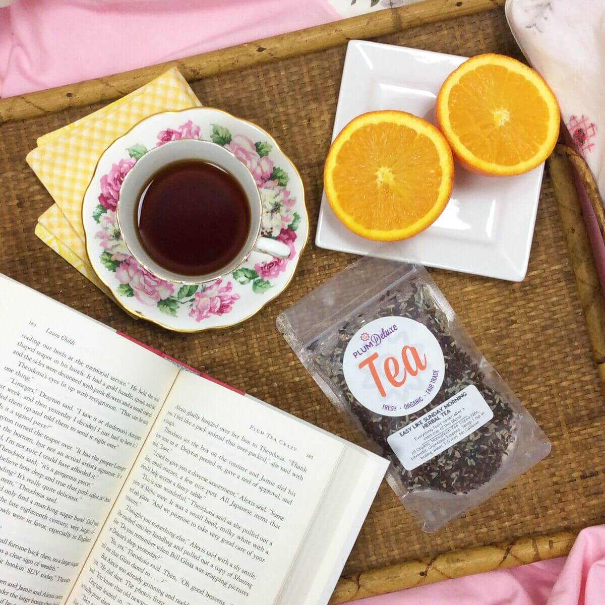 Herbal tea box for Easy Like Sunday Morning by Plum Deluxe Tea with chocolate and lavender flavor.