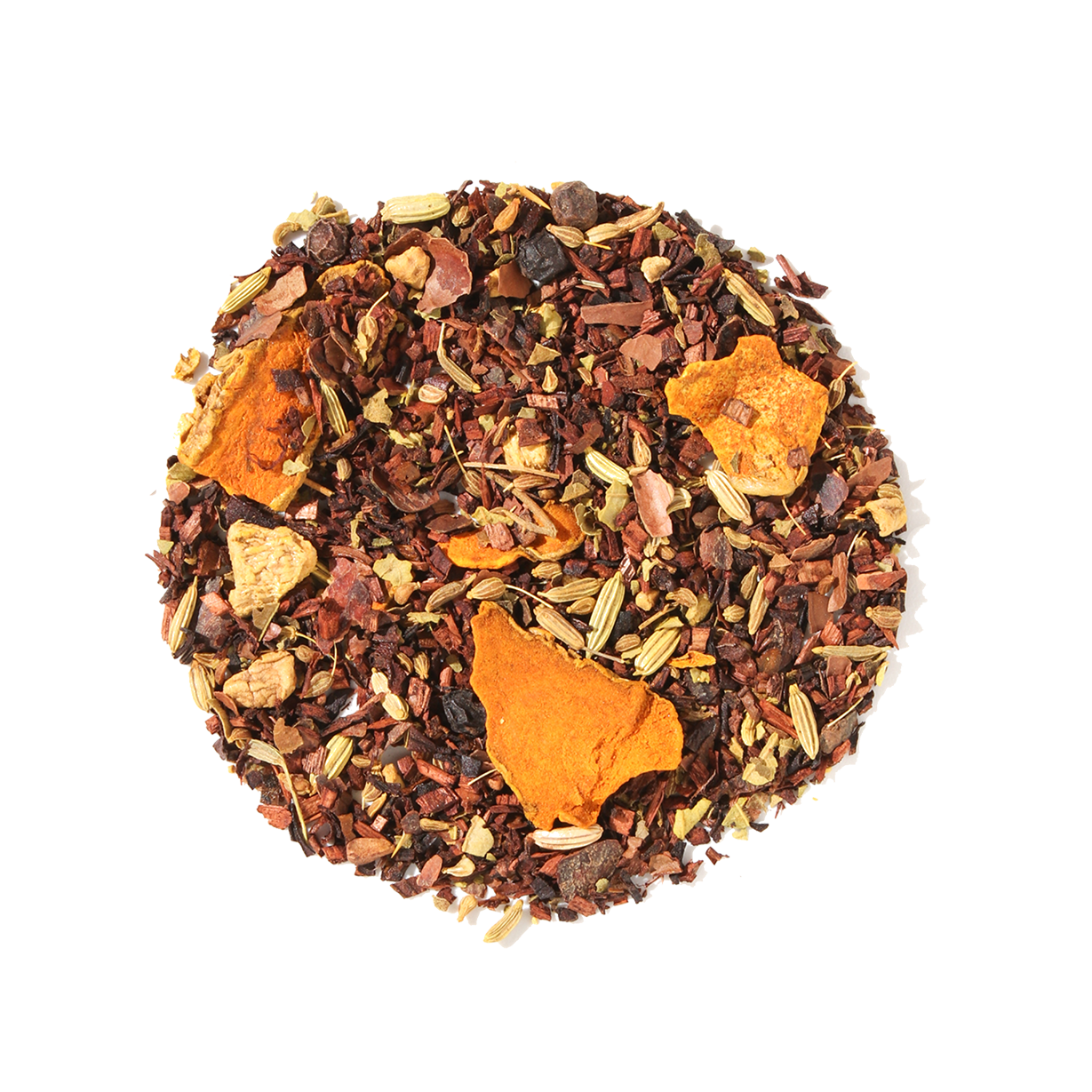 Golden Cacao Herbal Tea by Plum Deluxe, featuring turmeric and chocolate, displayed in a cozy teacup with tea leaves.