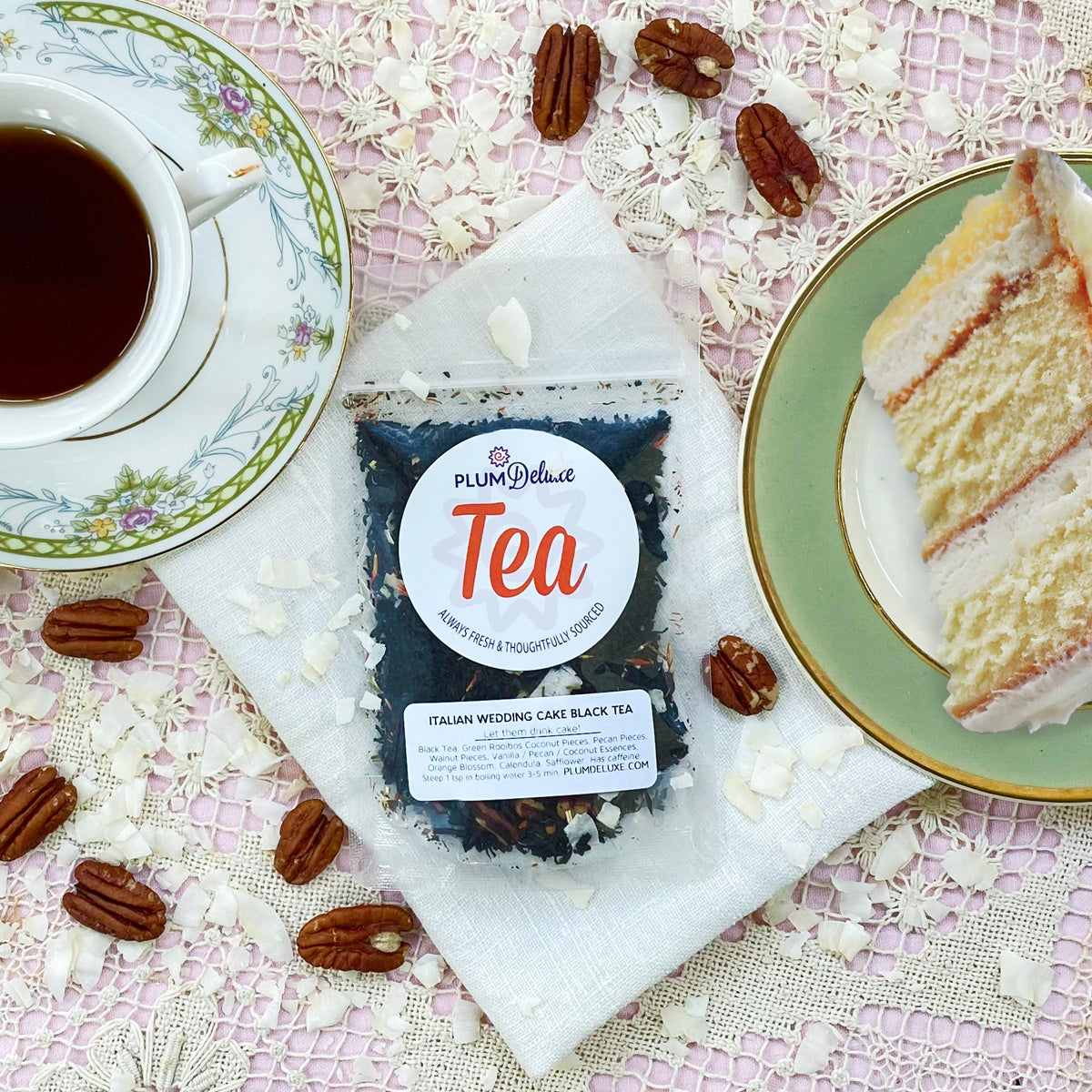 Italian Wedding Cake Blend Dessert Tea by Plum Deluxe featuring caramel, coconut, and pecan flavors in a packaged tea bag.