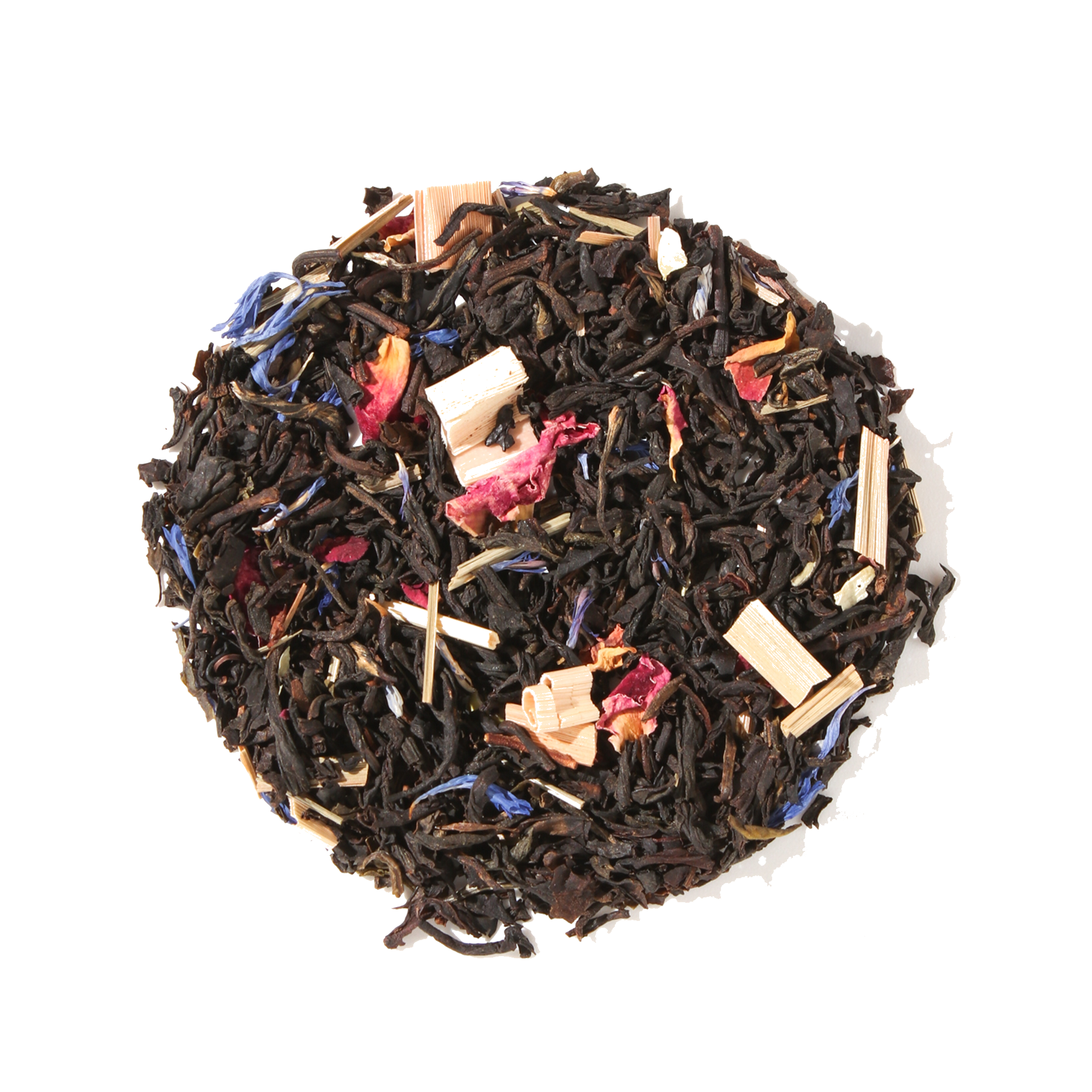 Kitchen Table Blend black and green tea by Plum Deluxe with a secret citrus mix, displayed in a teacup with citrus slices.