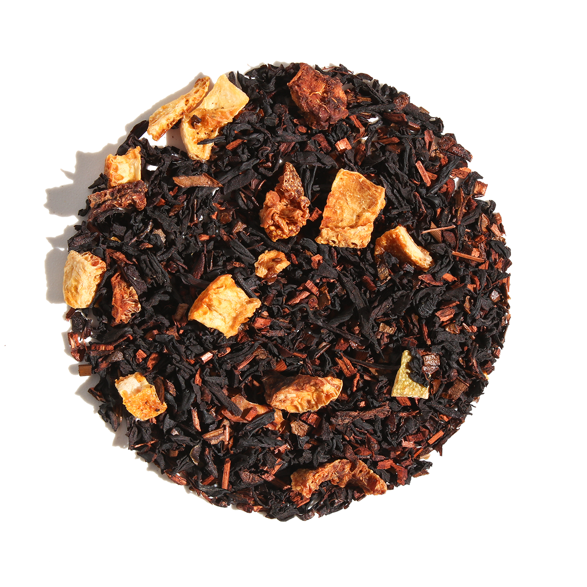 Oregon Breakfast Black Tea with Hazelnut and Orange flavor by Plum Deluxe Tea, showing a steaming cup with tea leaves and citrus slices.