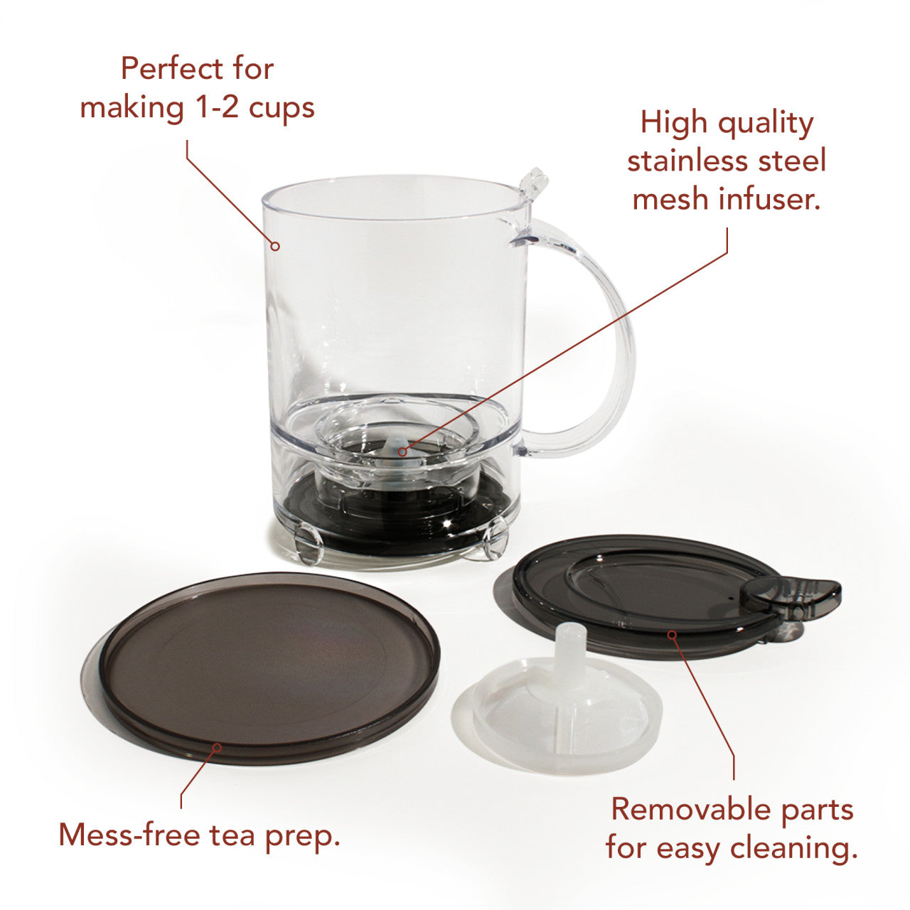 Plum Deluxe Tea Perfect Tea Maker with glass brewing vessel, stainless steel infuser, and elegant handle for fresh tea brewing.