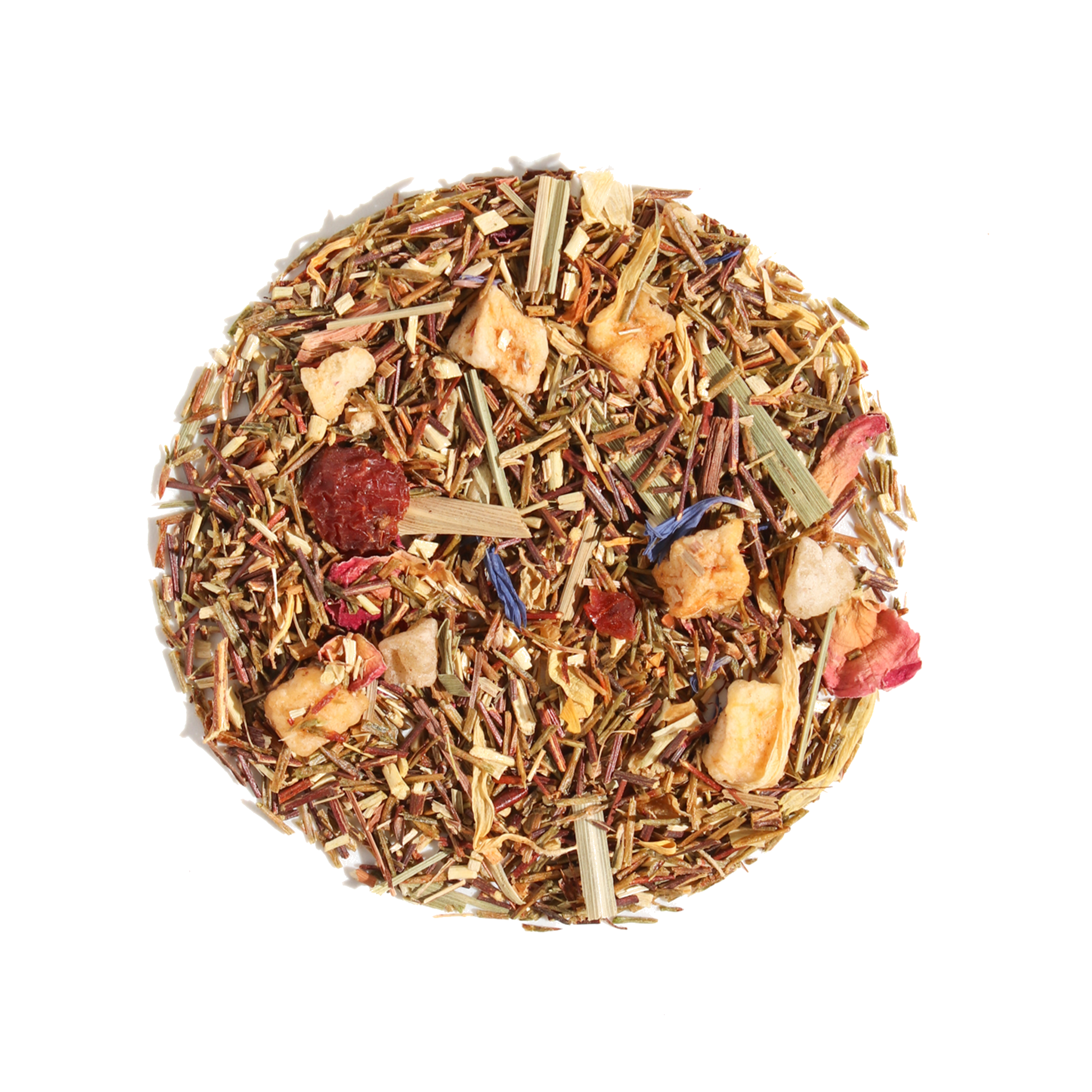 Pineapple Pop herbal tea by Plum Deluxe Tea in a clear glass cup, showing vibrant yellow pineapple-infused herbal tea.