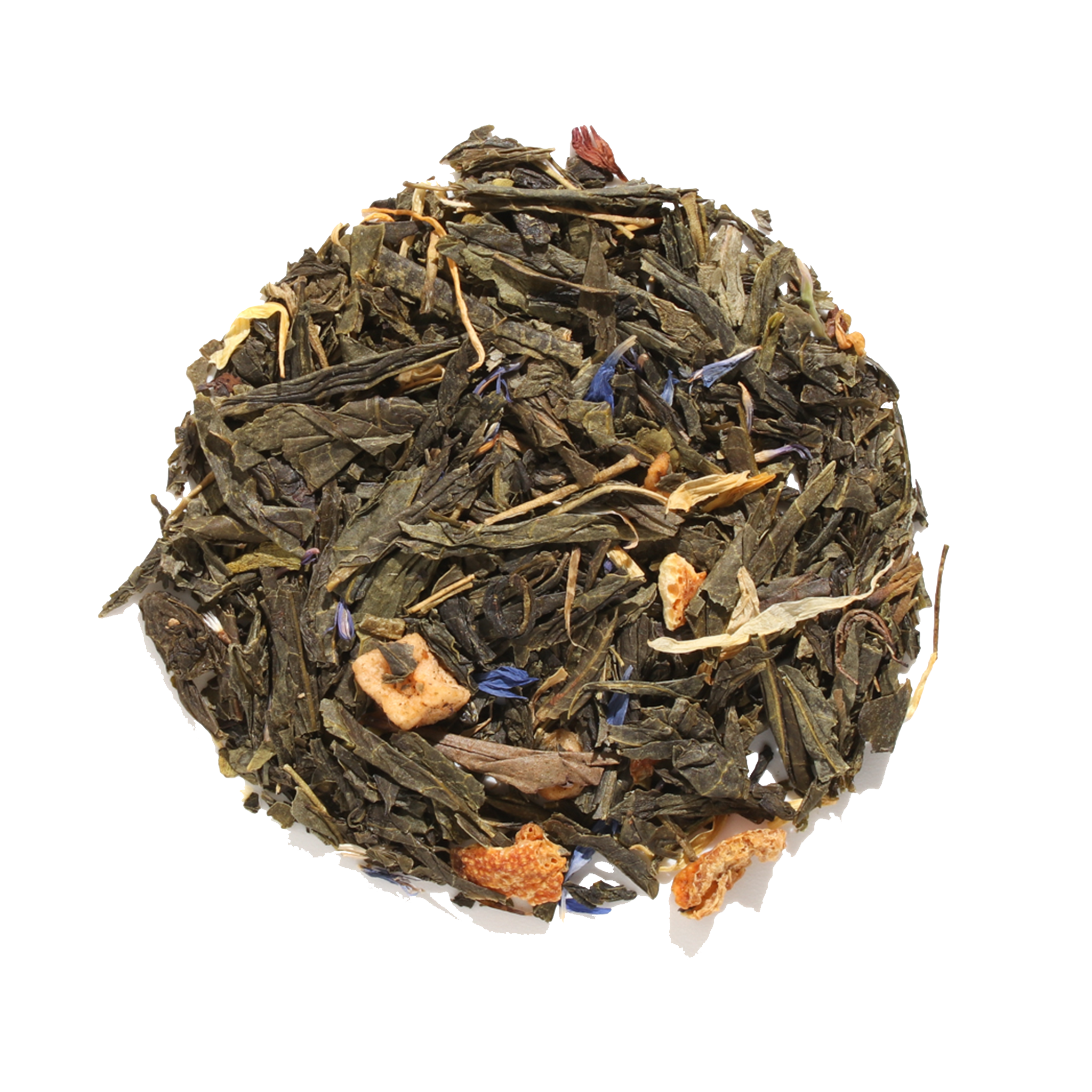 Queen's Blend Green Tea with Lemon Crème Earl Grey from Plum Deluxe, showing loose green tea leaves with lemon and bergamot flavoring.