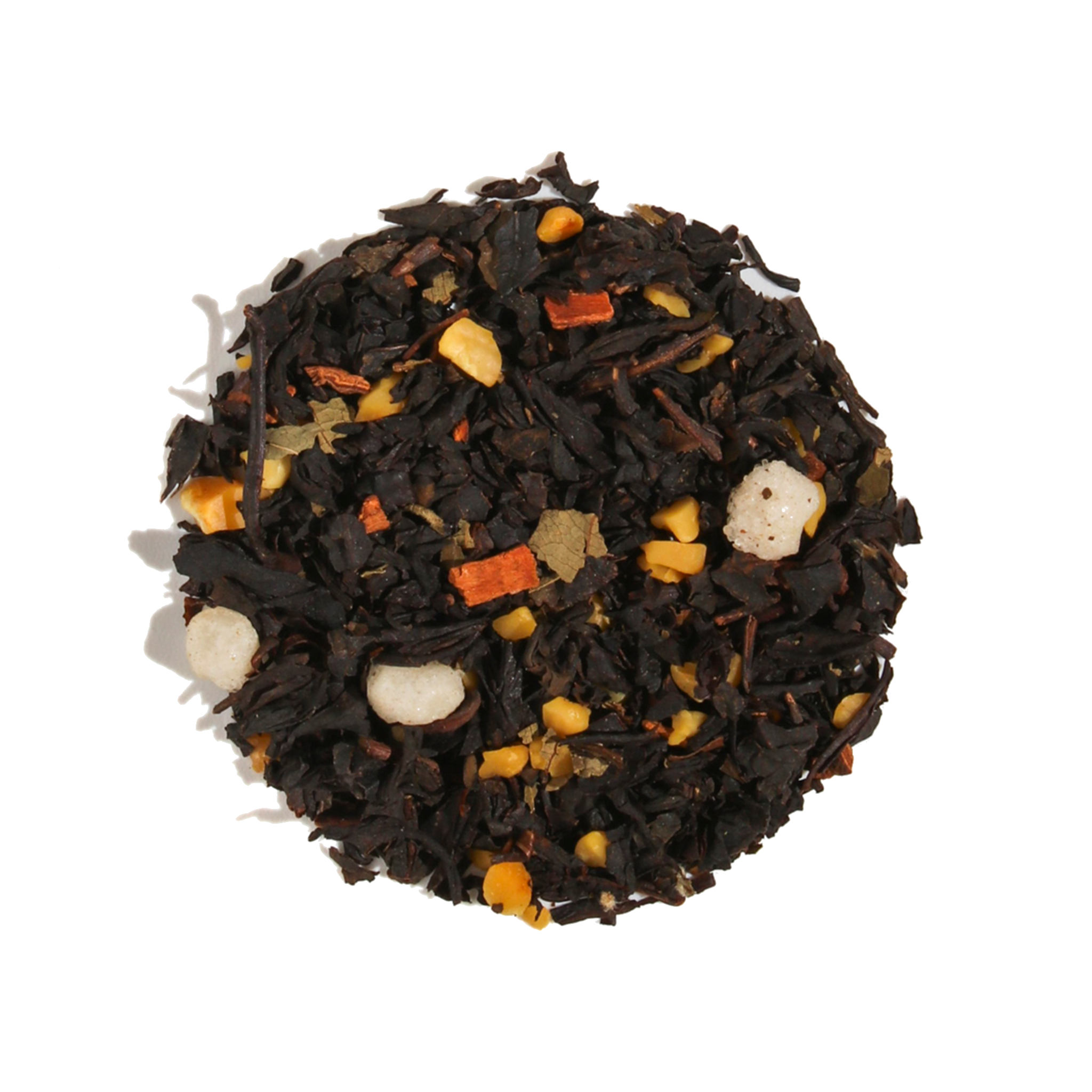 Black tea with salted caramel flavor from Plum Deluxe Tea, featuring loose leaves in a clear glass jar.