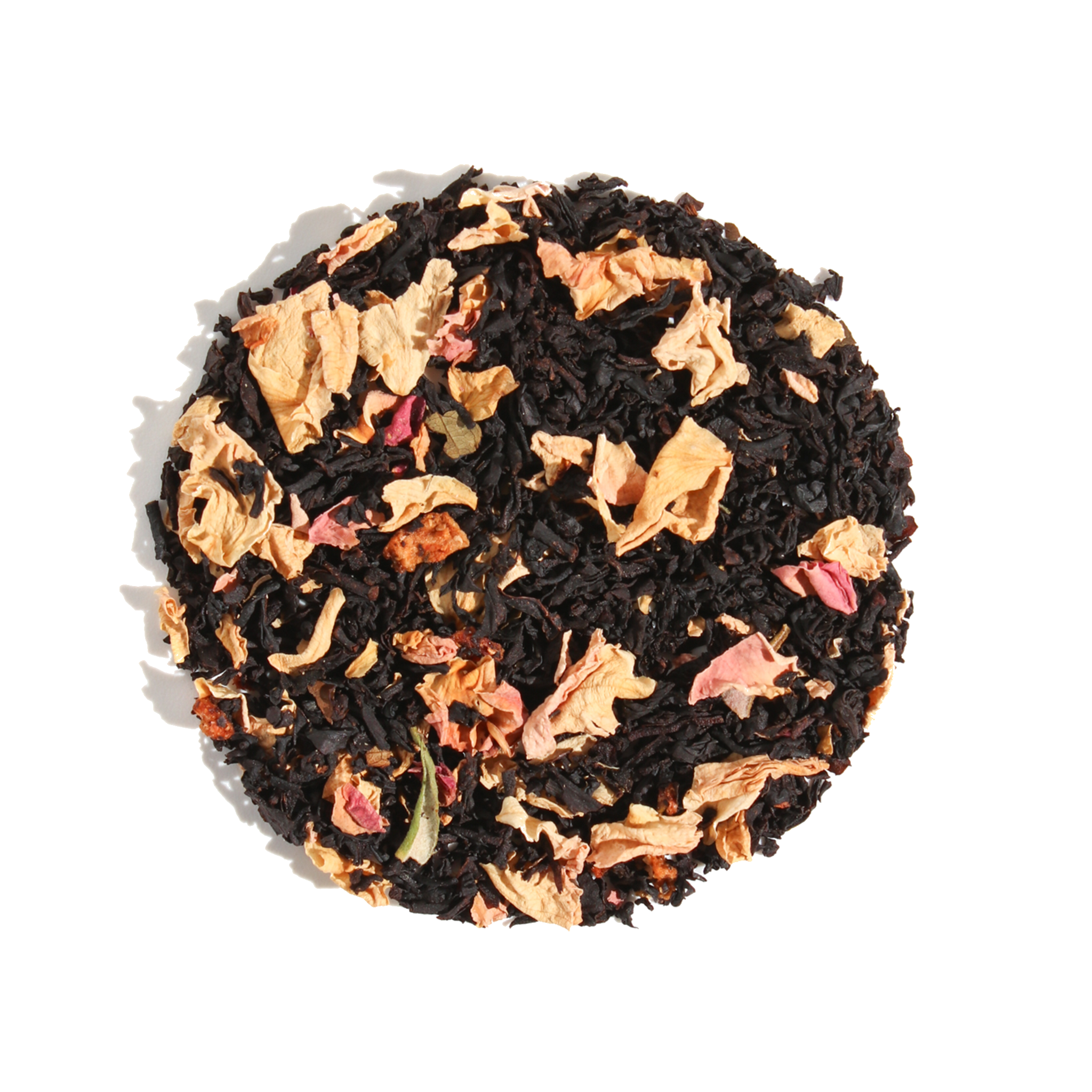 Black tea blend with strawberries, cream, and rose petals by Plum Deluxe Tea, showing dried tea leaves and colorful ingredients.