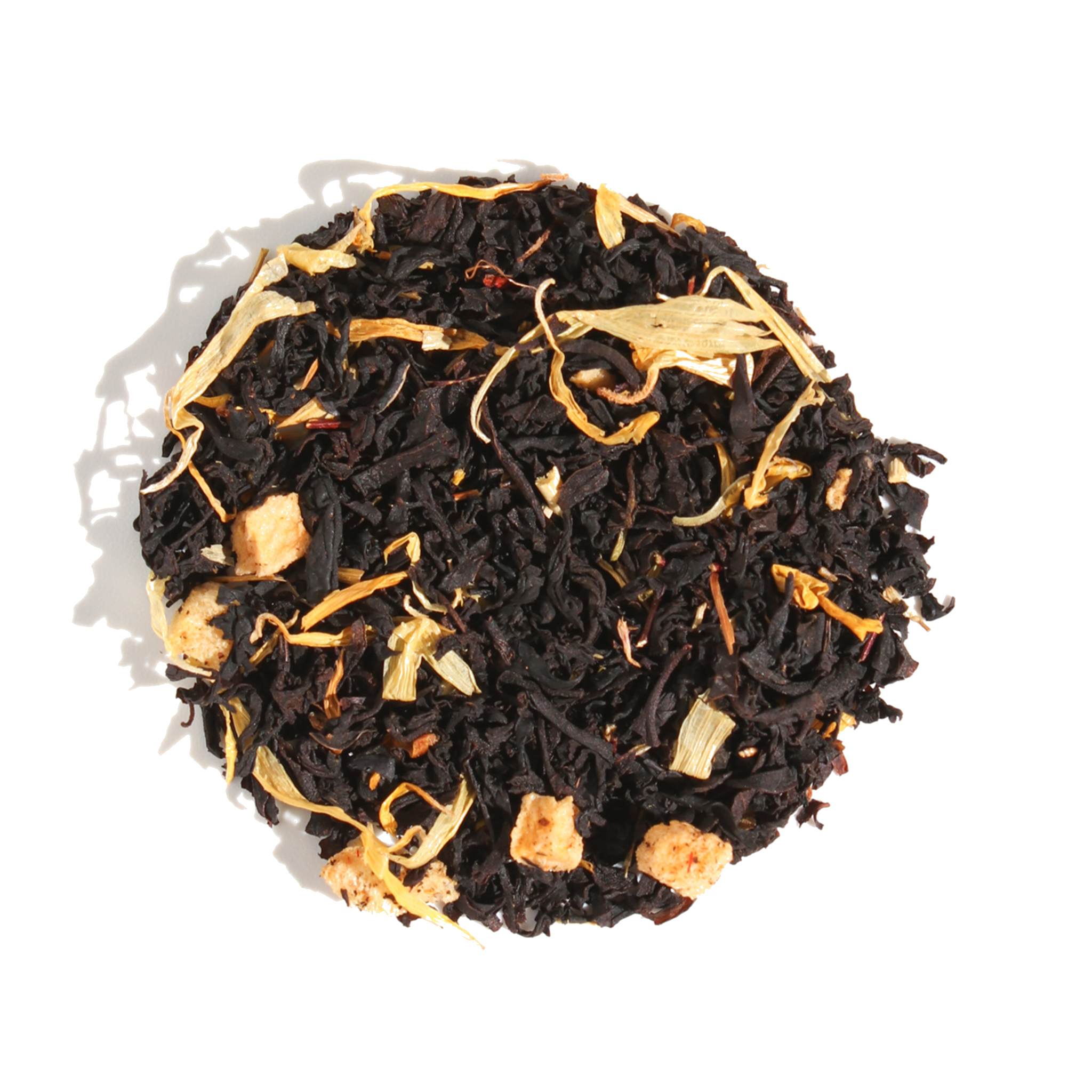 Sweet Georgia Peach Black Tea by Plum Deluxe, featuring hints of caramel and walnut, with dried tea leaves and flavor accents.
