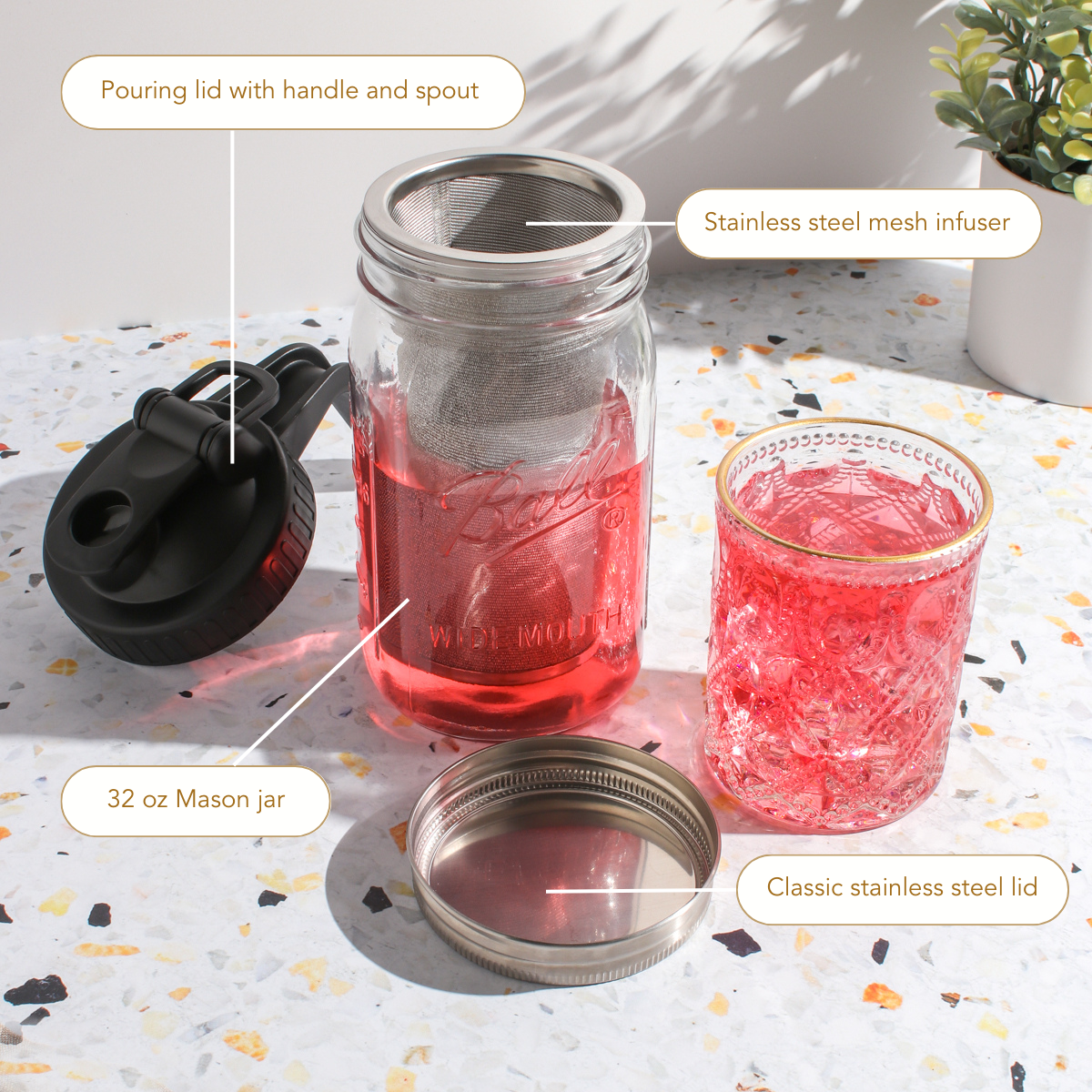 Maison Brew Cold Brew Iced Tea Mason Jar by Plum Deluxe Tea, clear glass jar with lid for brewing and serving iced tea.