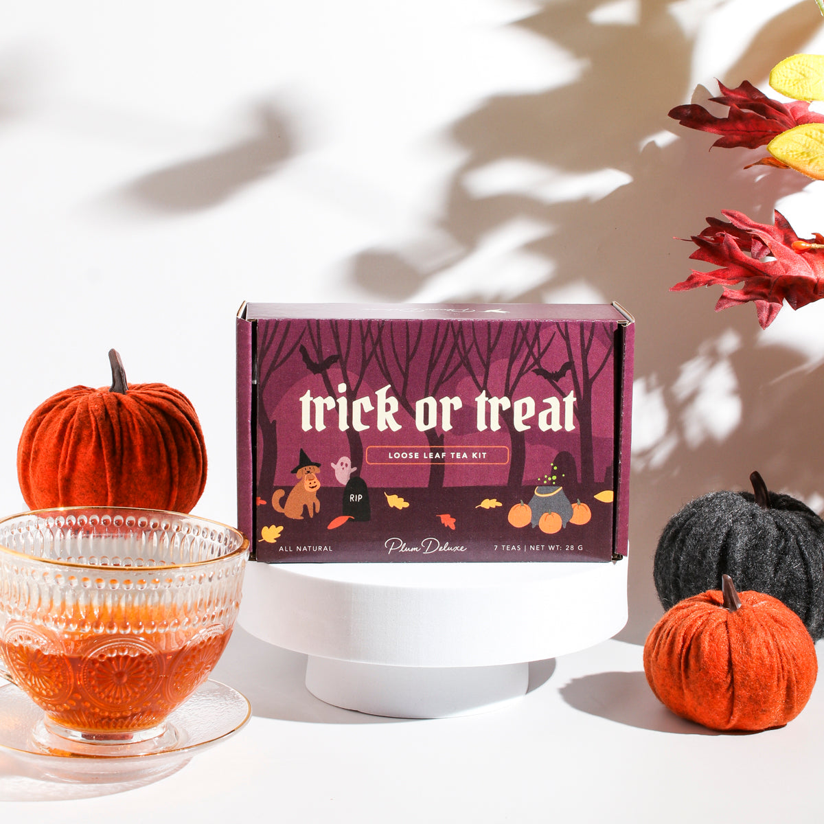 Halloween Trick or Treat Sampler Box by Plum Deluxe Tea featuring 7 exclusive tea blends in a festive gift set.